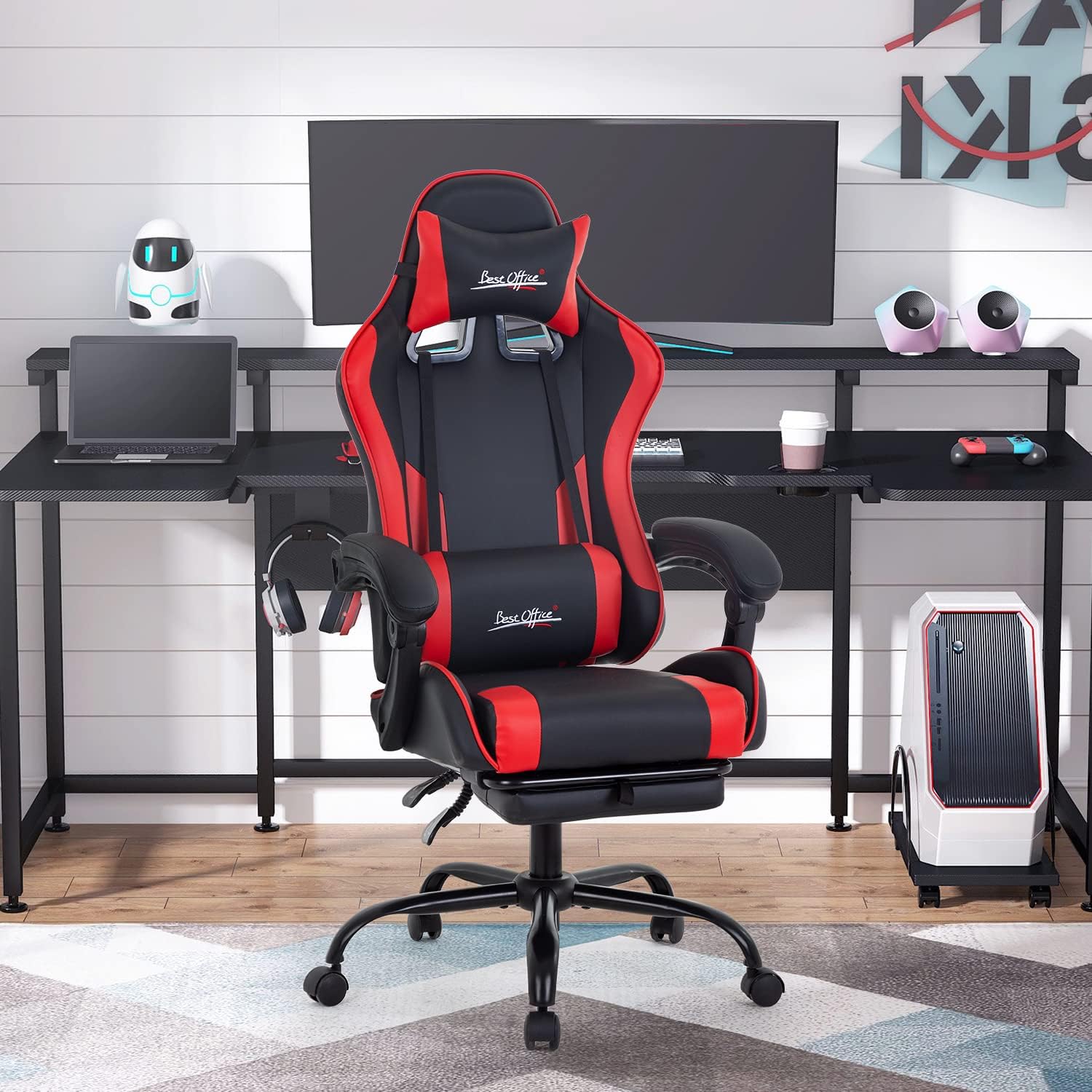 Gaming Chair Office Chair Desk Chair with Footrest Lumbar Support Headrest Armrest Task Rolling Swivel Ergonomic E-Sports Adjustable PC Gamer Chair (Red)