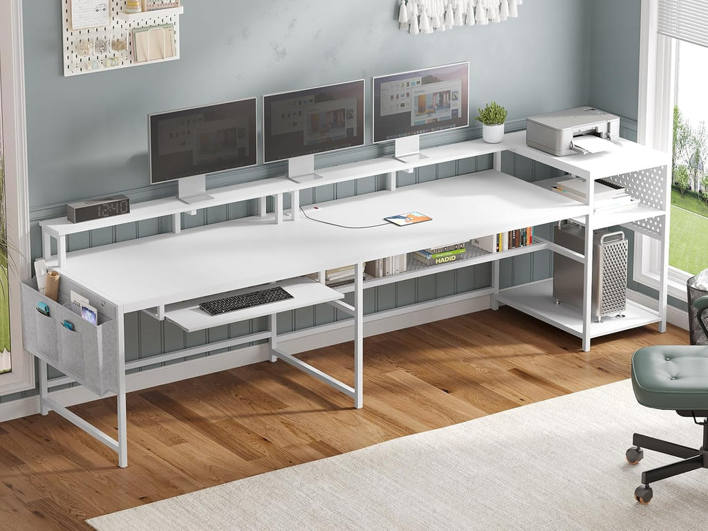 SEDETA L Shaped Gaming Desk, Reversible Computer Desk, Gaming Desk with Power Outlets & LED Strip, Monitor Shelf, Keyboard Tray, Pegboard and Storage Shelves for Home Office, White