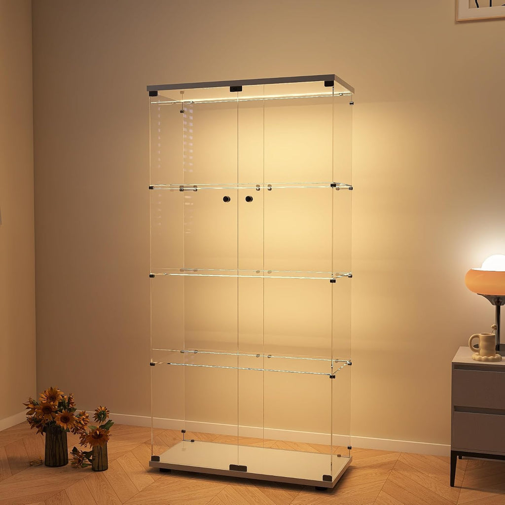 Modern 4-Tier Glass Display Shelf with 2 Doors, Curio Cabinet Collection - Floor Standing Display Case for Living Room, Bedroom, Home Office - 30' W x 14.5' D x 64' H (White with LED Light Strip)