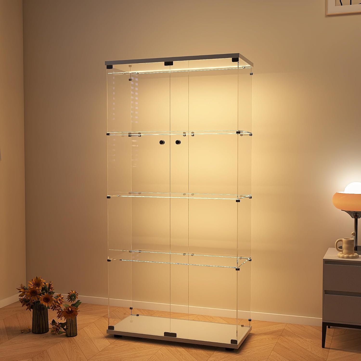 Modern 4-Tier Glass Display Shelf with 2 Doors, Curio Cabinet Collection - Floor Standing Display Case for Living Room, Bedroom, Home Office - 30' W x 14.5' D x 64' H (White with LED Light Strip)