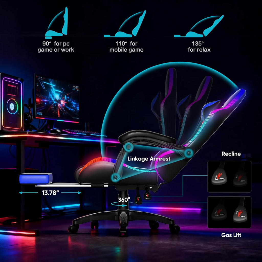 Czlolo Gaming Chair, Racing Style RGB LED Lights Gaming Chairs for Adults and Kids, Lumbar Massager Gamer Chair, High Back Reclining Computer Chair with Footrest and Headrest (Black/Blue)
