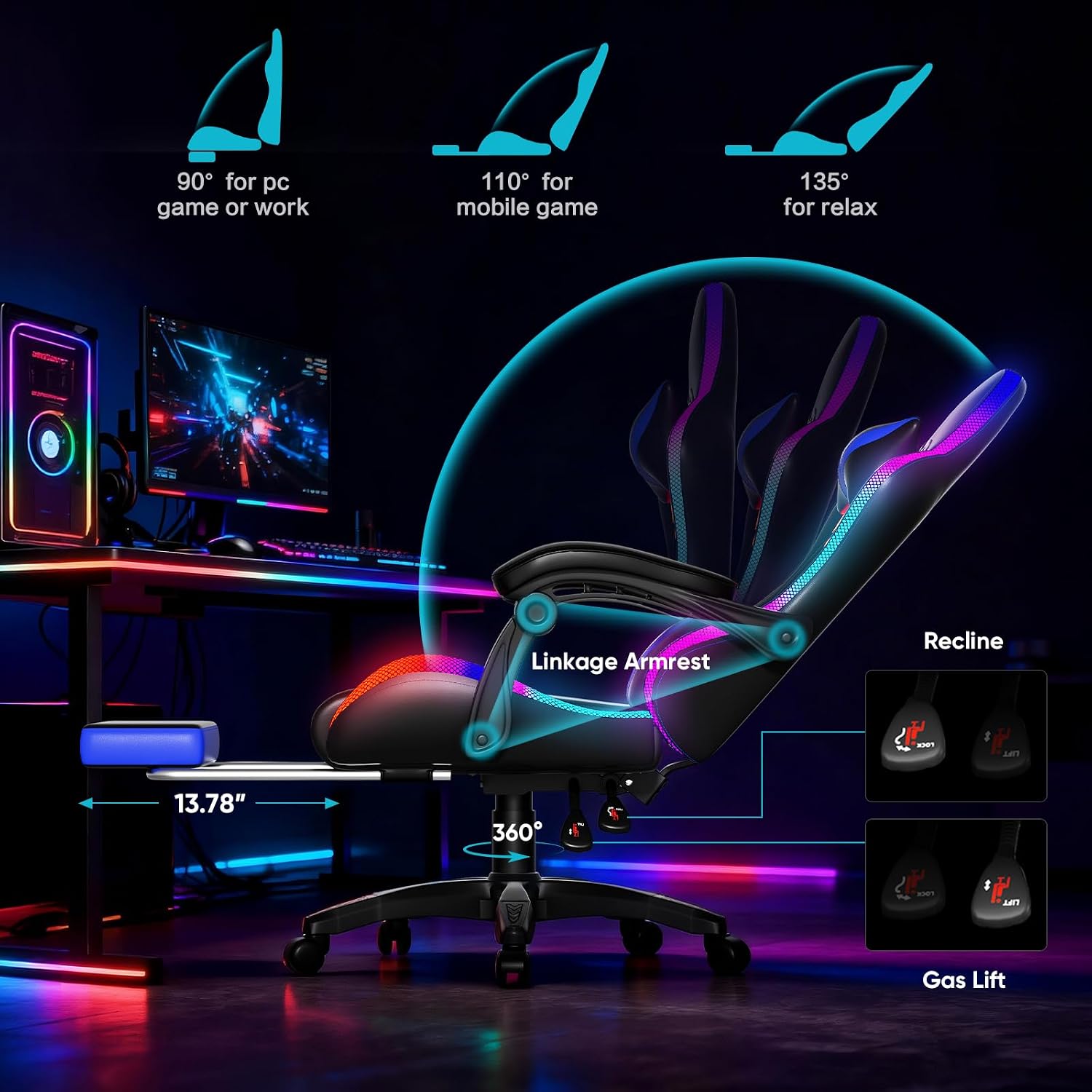 Czlolo Gaming Chair, Racing Style RGB LED Lights Gaming Chairs for Adults and Kids, Lumbar Massager Gamer Chair, High Back Reclining Computer Chair with Footrest and Headrest (Black/Blue)