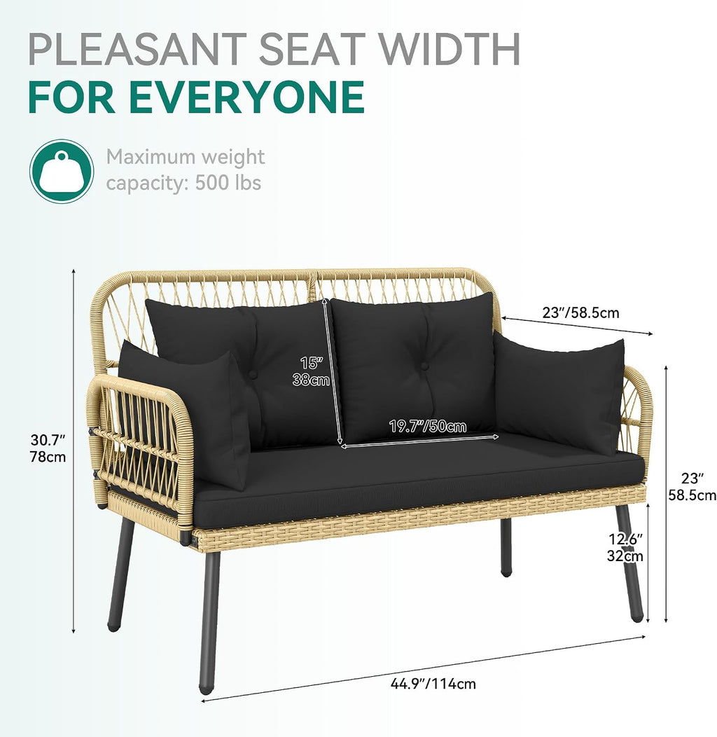 YITAHOME Outdoor Patio Loveseat, Two-Seater Wicker Patio Sofa with Handwoven Rattan and Cushions, Porch Furniture for Backyard, Balcony, and Deck, Light Brown and Black