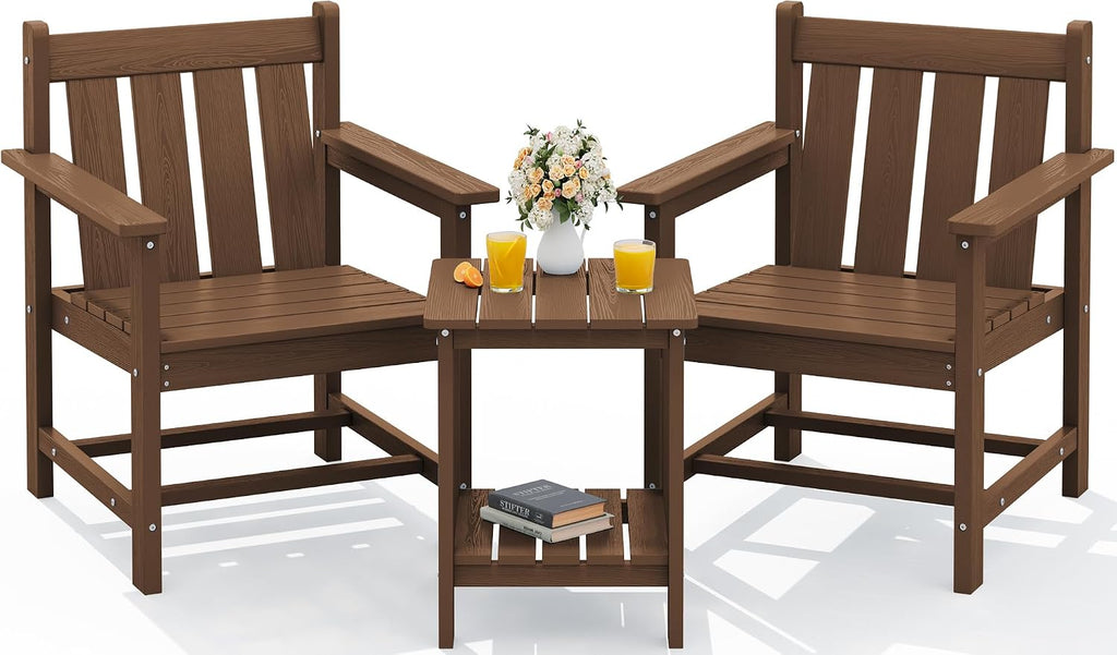 SEWRWALL 3 Pieces Patio Bistro Set, All Weather Adirondack Chair Set with Side Table, HDPE Material Outdoor Patio Furniture Set for Balcony, Porch, Garden, Backyard- Brown
