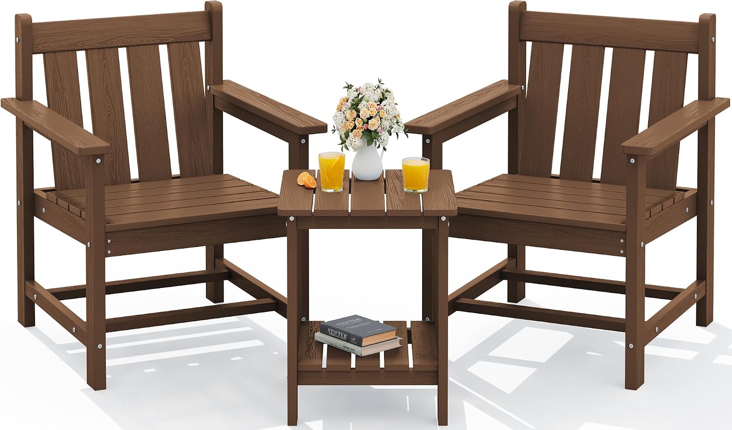 SEWRWALL 3 Pieces Patio Bistro Set, All Weather Adirondack Chair Set with Side Table, HDPE Material Outdoor Patio Furniture Set for Balcony, Porch, Garden, Backyard- Brown