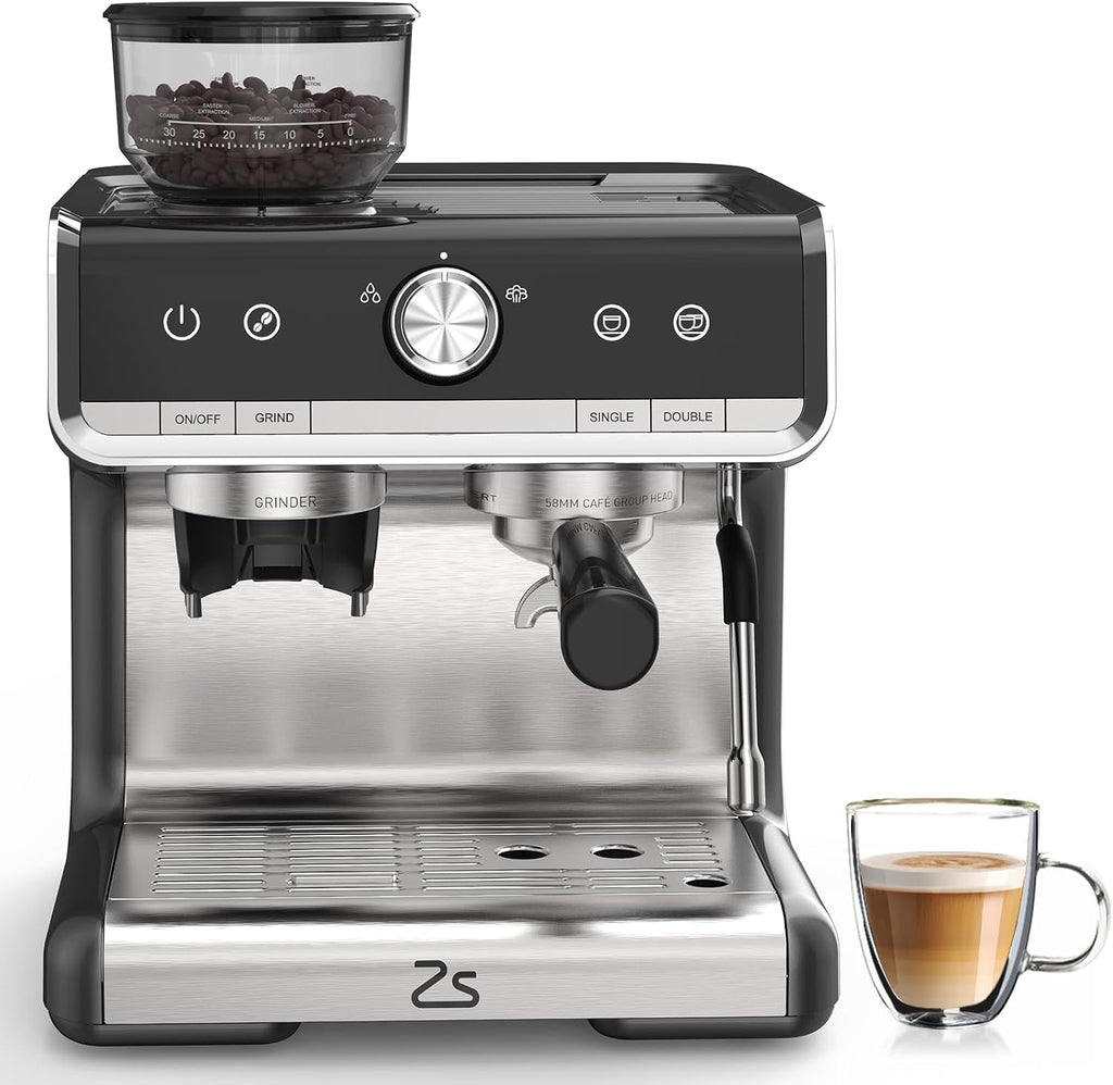 Semi-Automatic Espresso Machine, 20 Bar Professional Coffee Maker with Grinder, 1450W Fast Heating, 30 Grind Settings, Milk Frother Steam Wand, 2.8L Water Tank, Home & Kitchen Espresso Machines, Silve
