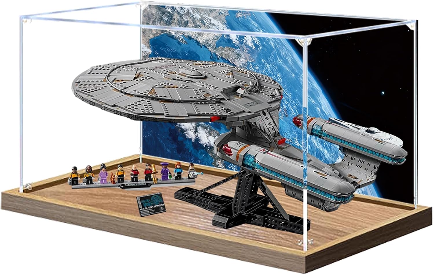 Acrylic Display Case for Lego 10356 Star Trek: Federation Starship Building Set– Dustproof Display Box & Showcase, Display Box Compatible with Lego 10356-Only Display case (Back Spray Wood Base 1)