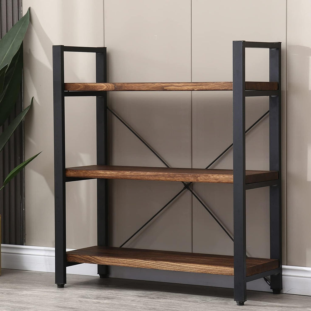 WH-AOERPUMY Natural Real Solid Wood Bookcase,3 Tier Metal and Wood Open Book Shelf Storage Farmhouse Wide Etagere Bookcase for Office Living Bedroom