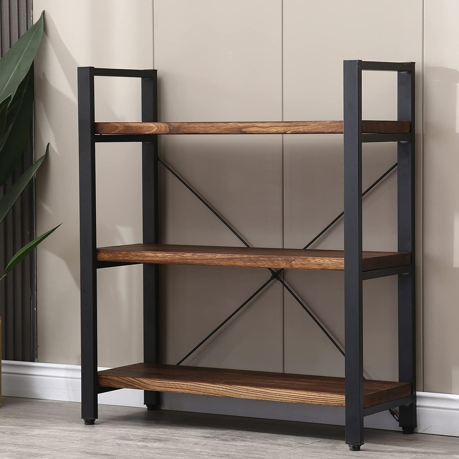 WH-AOERPUMY Natural Real Solid Wood Bookcase,3 Tier Metal and Wood Open Book Shelf Storage Farmhouse Wide Etagere Bookcase for Office Living Bedroom