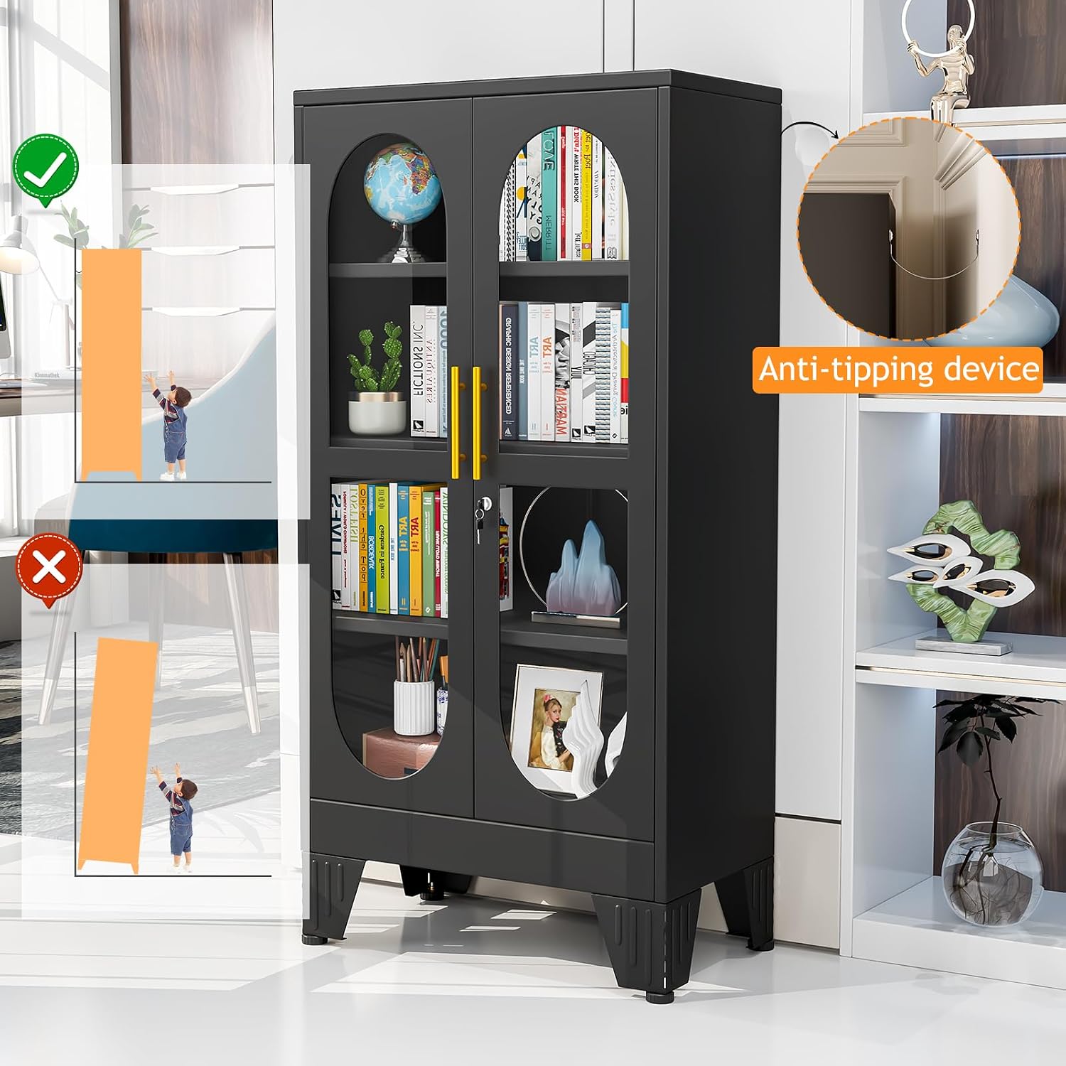 PAOFIN 47' H Locking Display Cabinet with Glass Door, Metal Cabinets with 3 Adjustable Shelves, Cabinet Display Case for Living Room, Collectibles, Clinic, Home - Assembly Required Black
