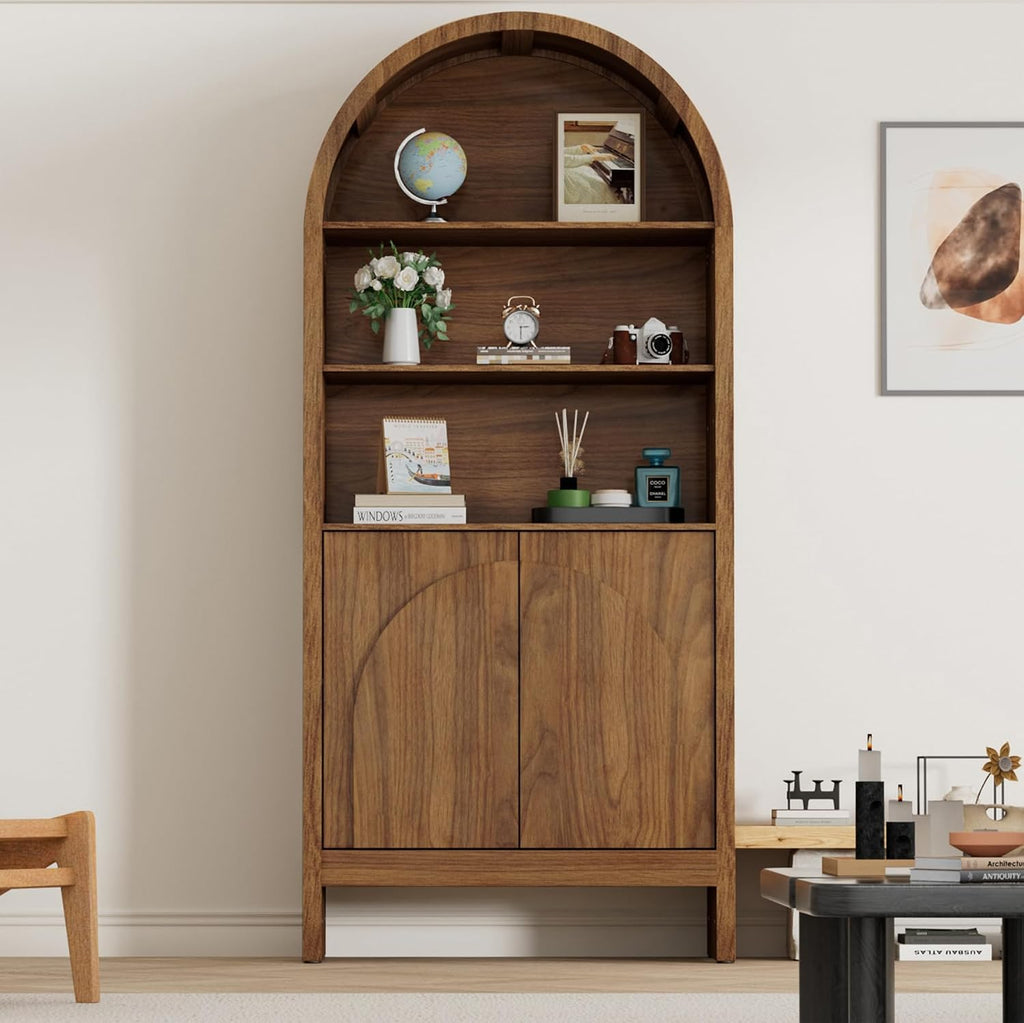 Mid Century Arched Display Cabinet with Doors, 5 Tier Tall Display Case, 71 Inch Storage Cabinet, Large Arch Bookcase, Wooden 5 Shelf Book Shelf, Office, Brown, Walnut