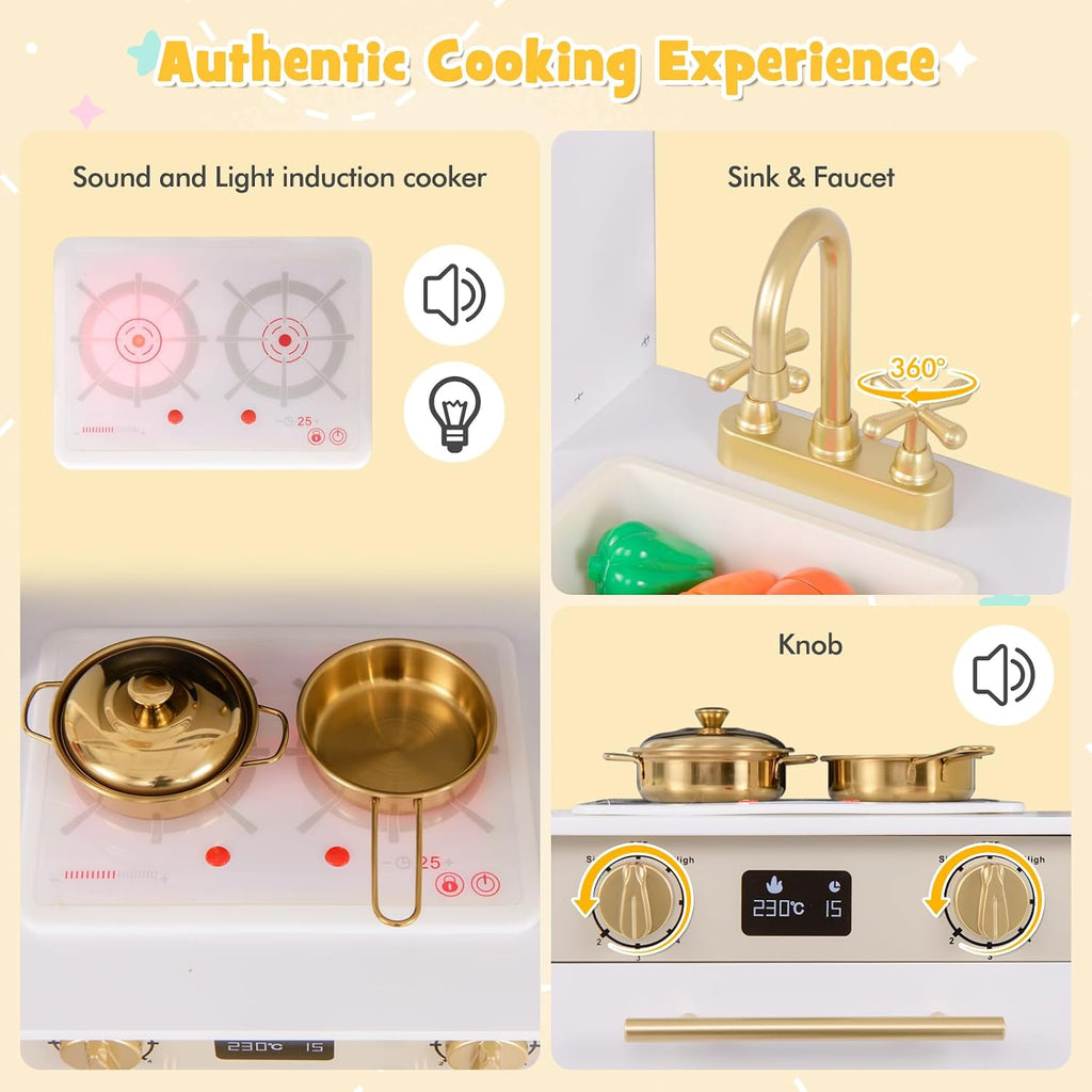 INFANS Play Kitchen for Kids, 2-Piece Fridge Refrigerator Playset Combination with Electronic Interactive Alphabet Wall Chart Coffee Machine Stove Microwave, Toddler Wooden Pretend Cooking Set Gift