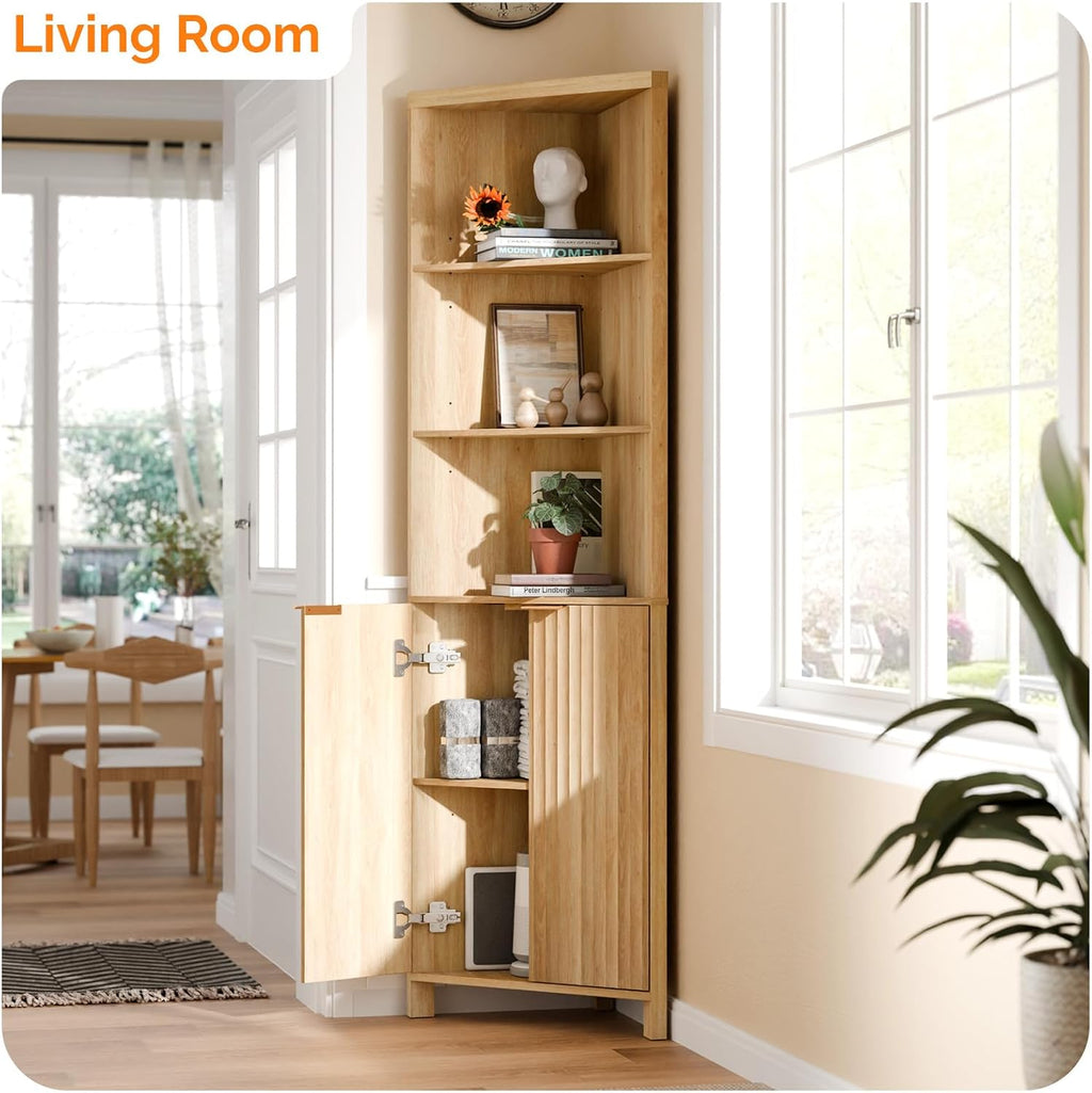 VINGLI 68' Tall Corner Cabinet with Fluted Doors,Corner Bathroom Storage Cabinet Pantry Hutch Display Shelves Adjustable for Kitchen, Living Room Modern Space Saver Shelf Bathroom Furniture,Oak