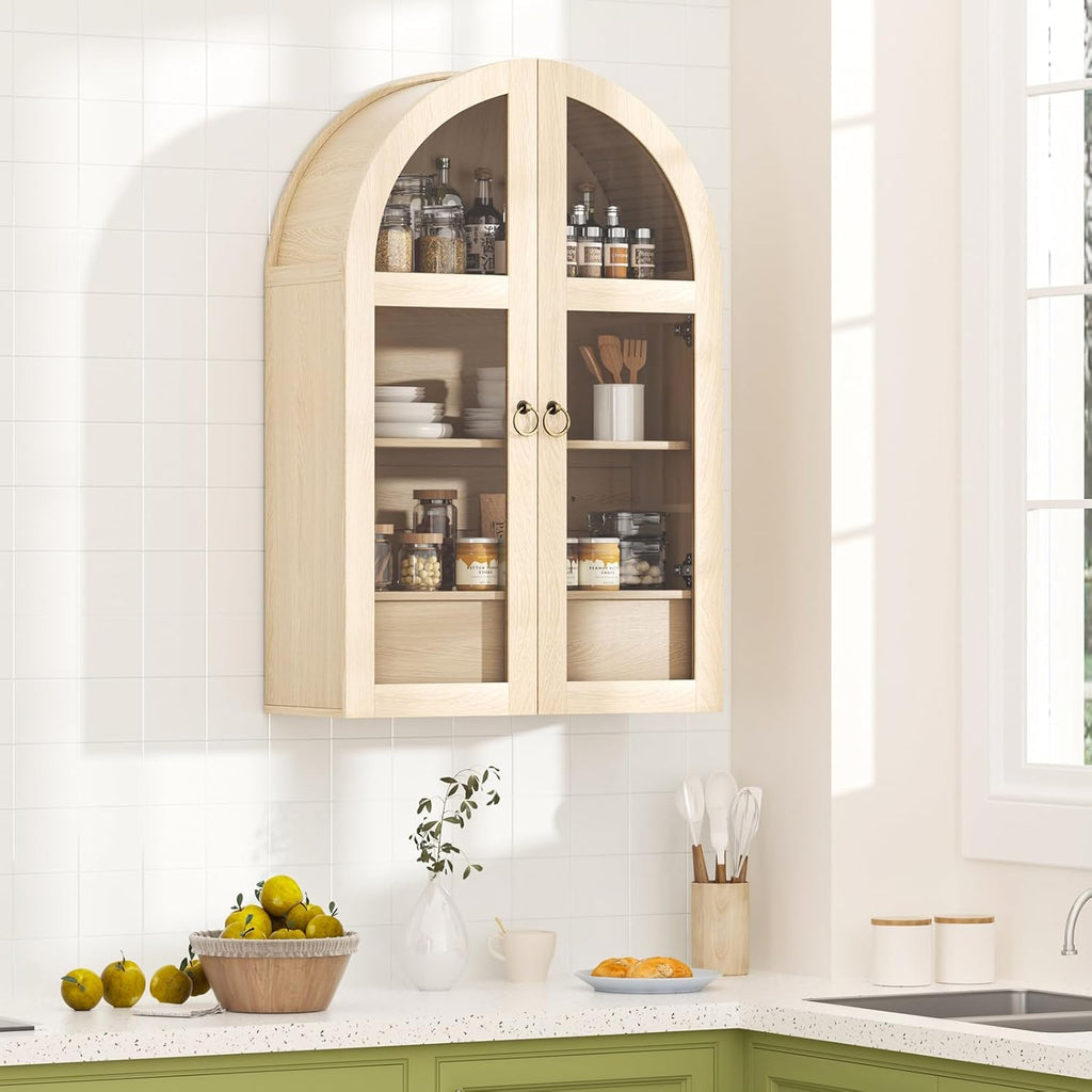 Medicine Cabinet with Tempered Glass Door, Arched Bathroom Wall Cabinet with Adjustable Shelf, for Kitchen, Living Room, Entryway, Laundry Room, Apartment, Office, Small Space, Oak