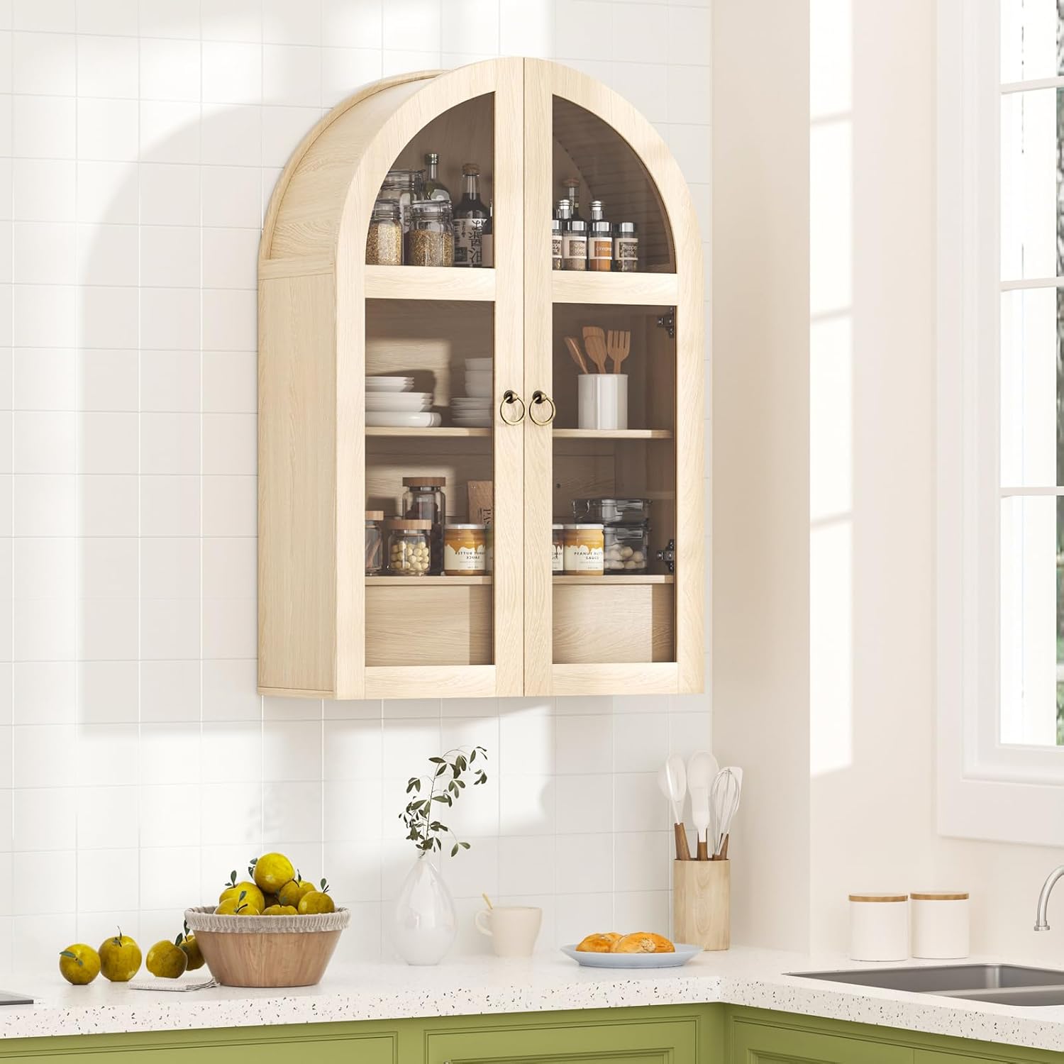 Medicine Cabinet with Tempered Glass Door, Arched Bathroom Wall Cabinet with Adjustable Shelf, for Kitchen, Living Room, Entryway, Laundry Room, Apartment, Office, Small Space, Oak