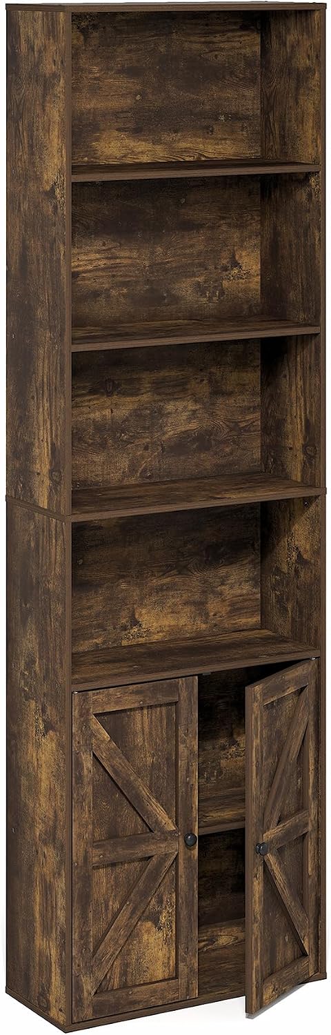 Furinno Jensen Book Shelf, 6-Tier Farmhouse Bookshelf, Display Bookcase with Doors, 9.2' x 21.6' x 71.2', for Organization and Storage, for Living Room, Bedroom, Home Office, Amber Pine