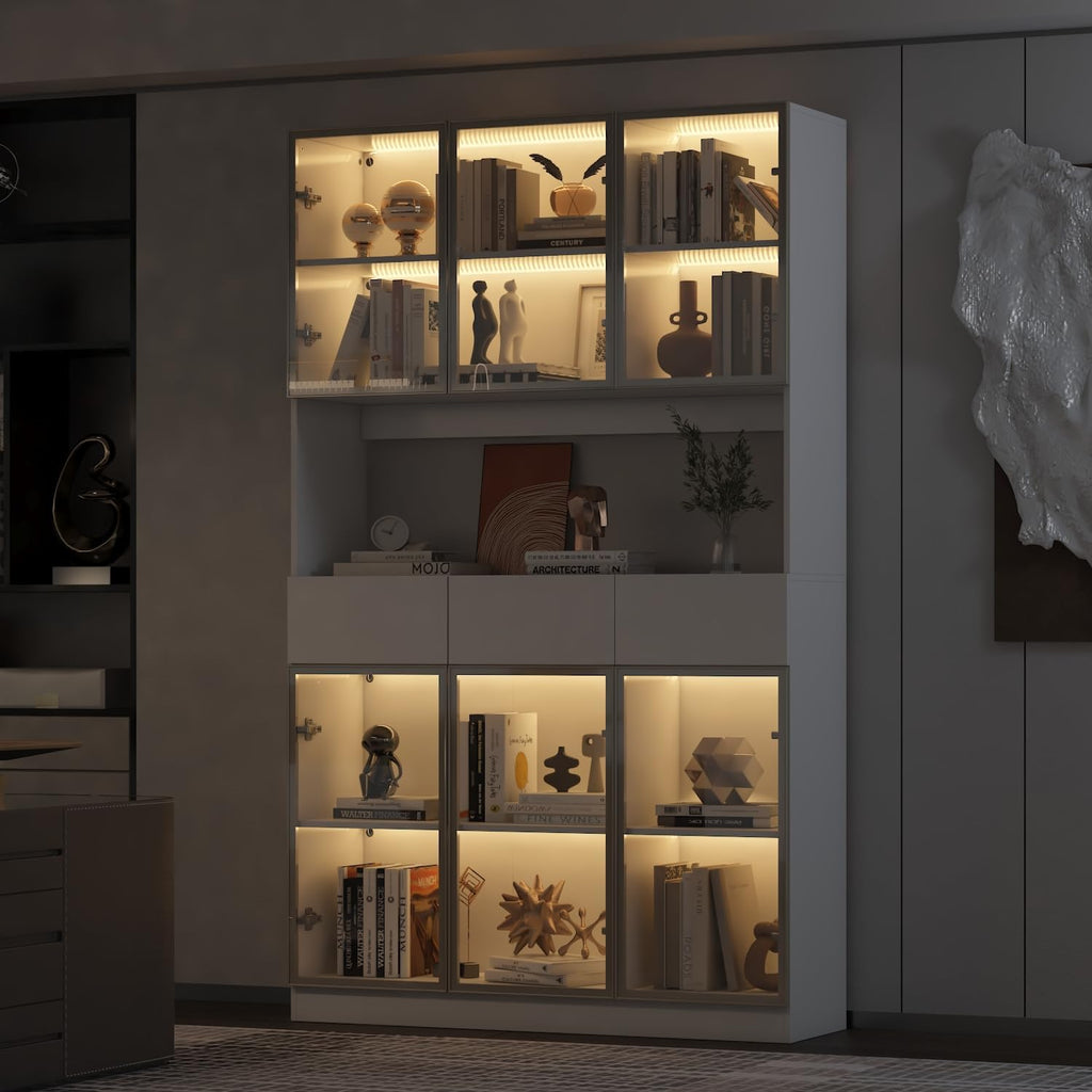Curio Display Cabinet with Light, Storage Shelves with Pop-up Glass Doors, 3 Drawers & 3 Color Light, Collectibles Cabinet Display Shelf, Bookshelf Showcase for Living Room, White w/Hutch