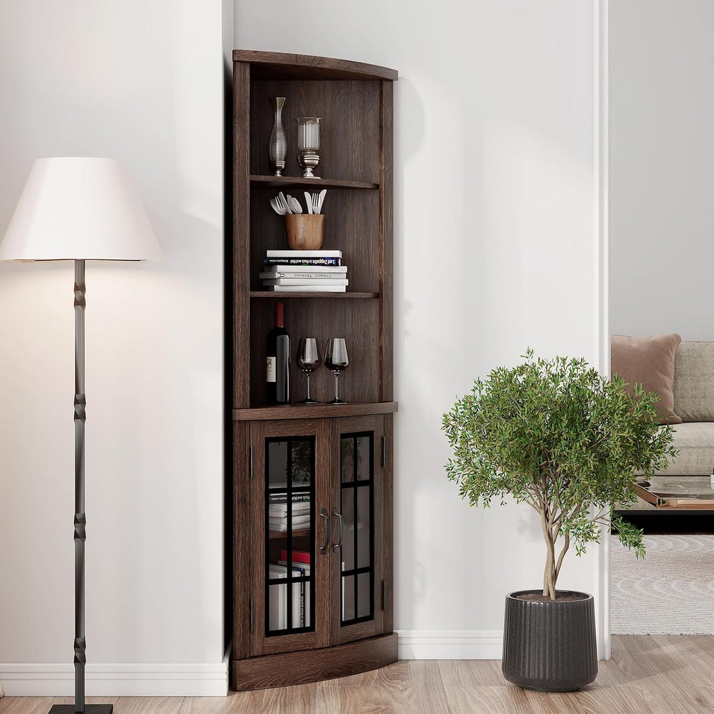 AMERLIFE Curved Corner Storage Cabinet, 65' Tall Freestanding Bookcase with Glass Doors & Adjustable Shelves, 5-Tier Corner Display Cabinet for Living Room, Bathroom, Laundry Room, Espresso
