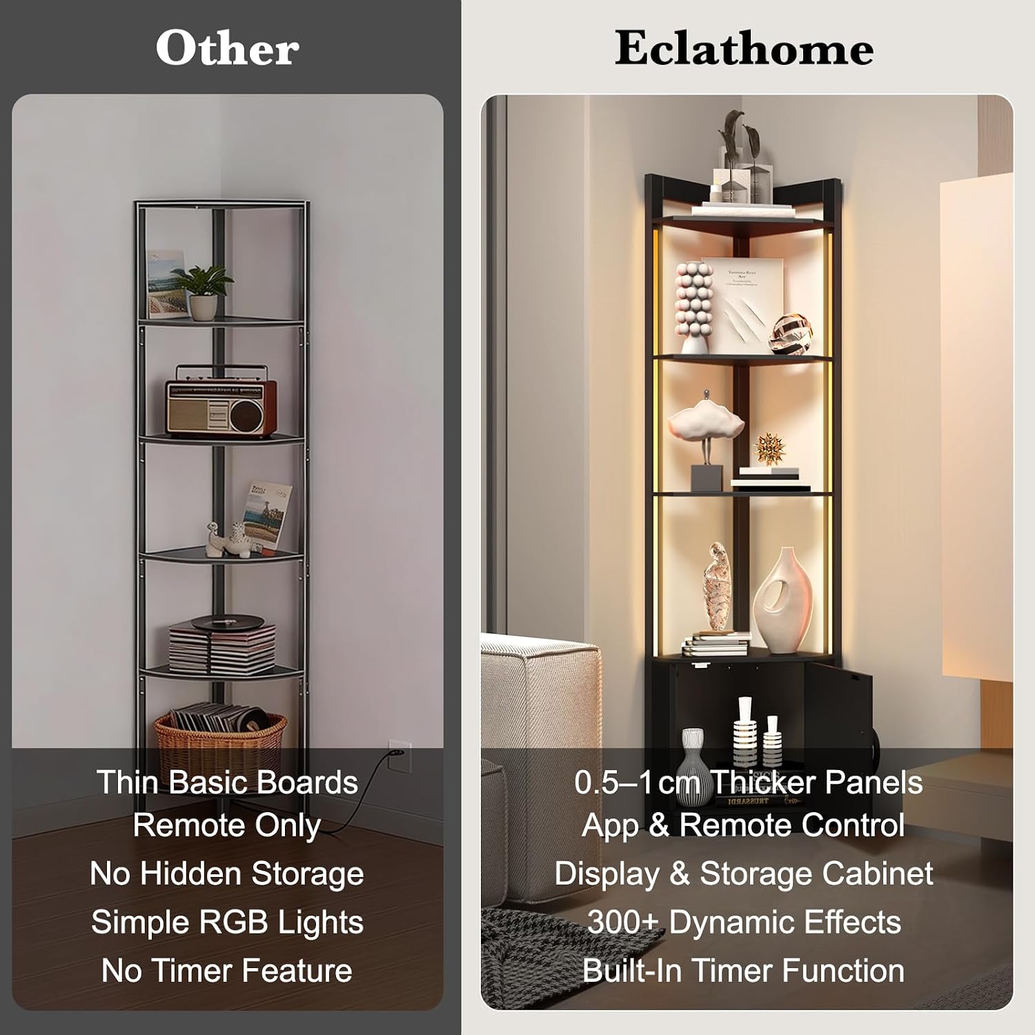 5-Tier Display Cabinet, Set of 2, 65' Tall Corner Shelf Stand with Storage, RGBWIC LED Light, Remote & APP Control, Adjustable Brightness/Color Temp, Floor Lamp Shelves for Living Room