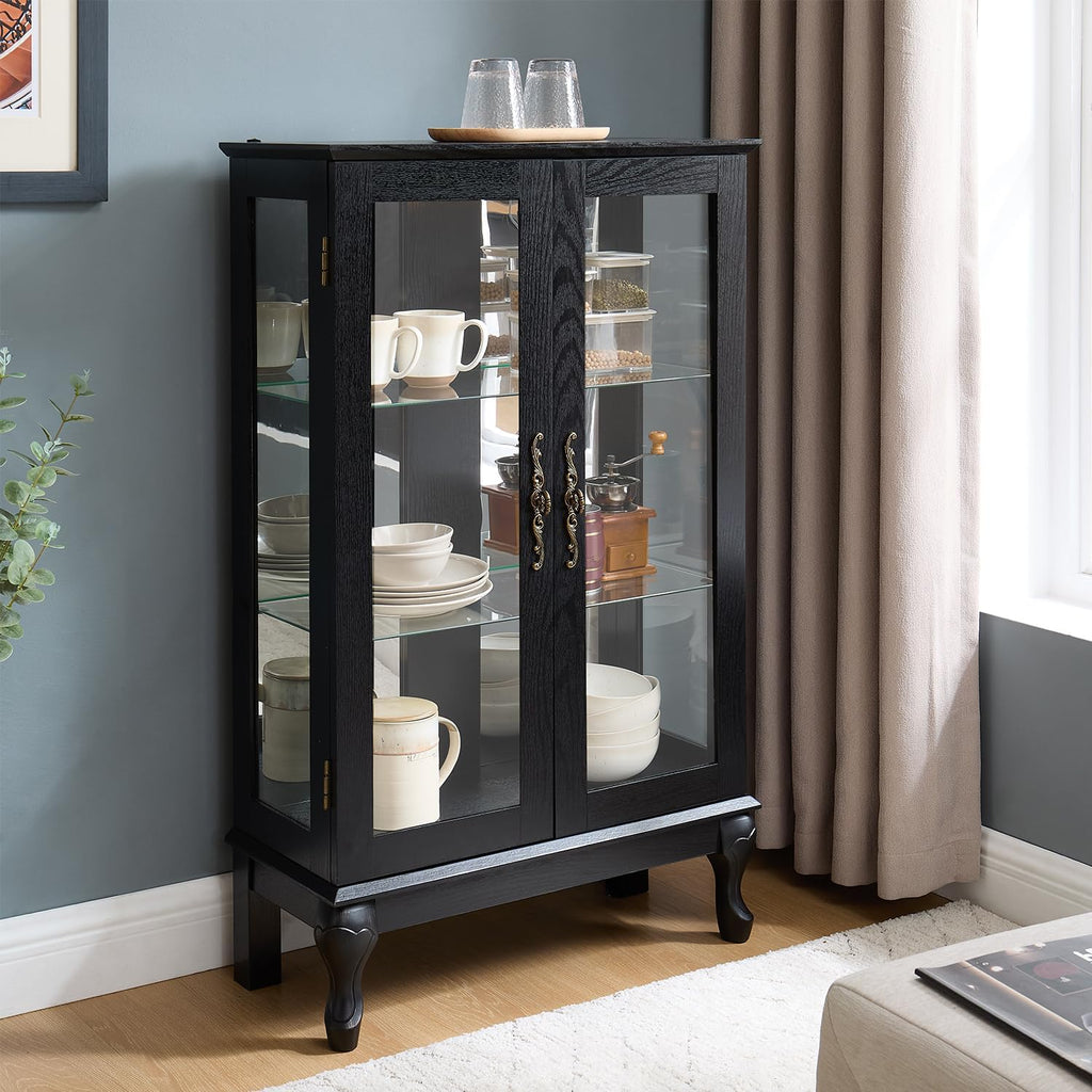 43' H Lighted Wooden Curio Cabinet, Freestanding Glass Display Case with Tempered Glass Door, Adjustable Shelves and Mirrored Back Panel, Decorative Storage Cabinet for Living Room (Black)