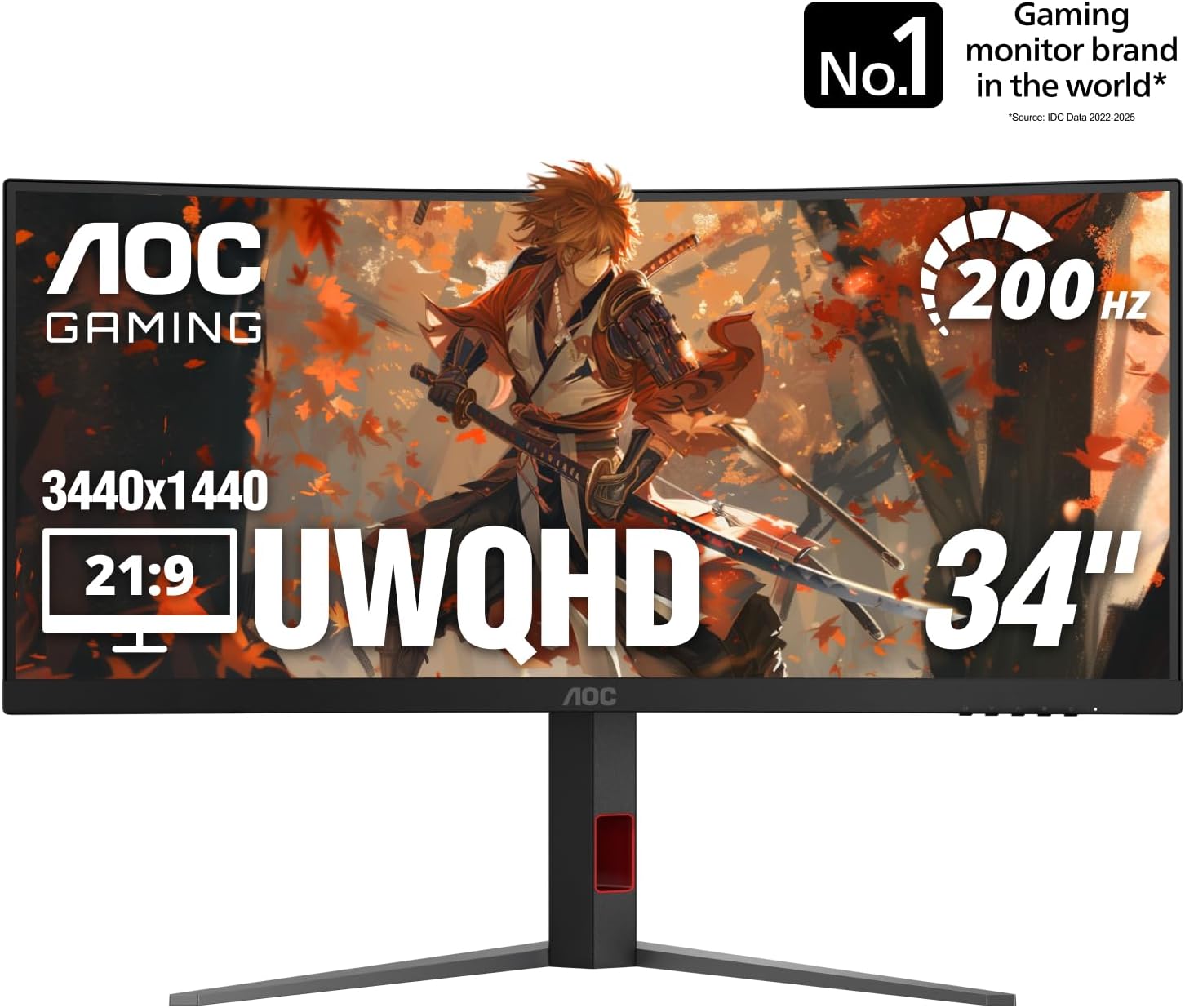 AOC CU34G4H 34 inch Curved Ultrawide Gaming Monitor, WQHD 3440x1440, 200Hz DisplayPort / 100Hz HDMI, 0.3ms MPRT, 1500R VA Panel, Adaptive-Sync, HDR Ready, DisplayPort 1.4, HDMI 2.0