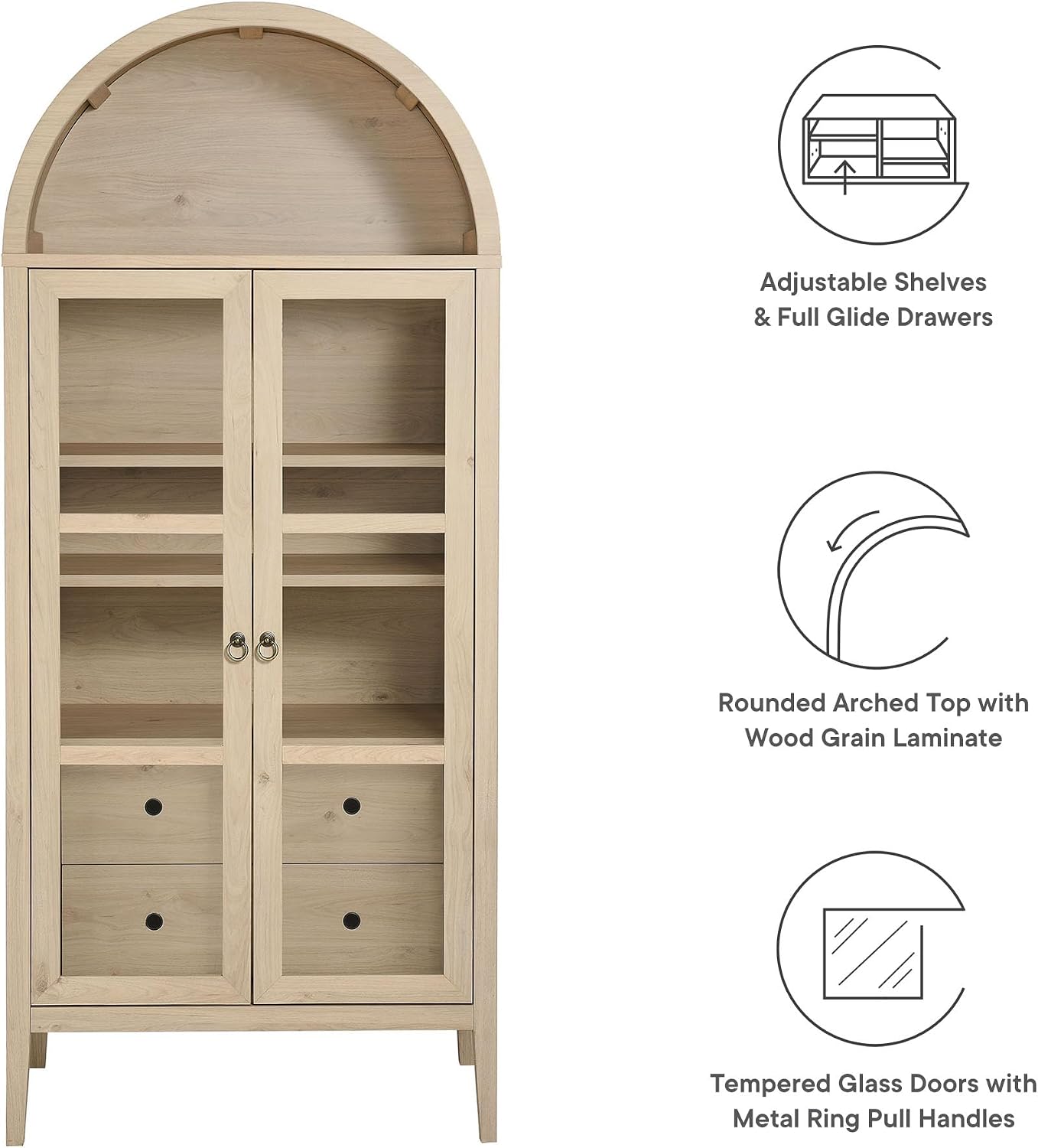 Modway Nolan Modern Farmhouse 71 Inch Tall Arched Storage Display Cabinet in Light Oak Wood Grain - 4-Tier Bookcase with Glass Doors and Shelves - Arch Accent Cabinet for Living Room