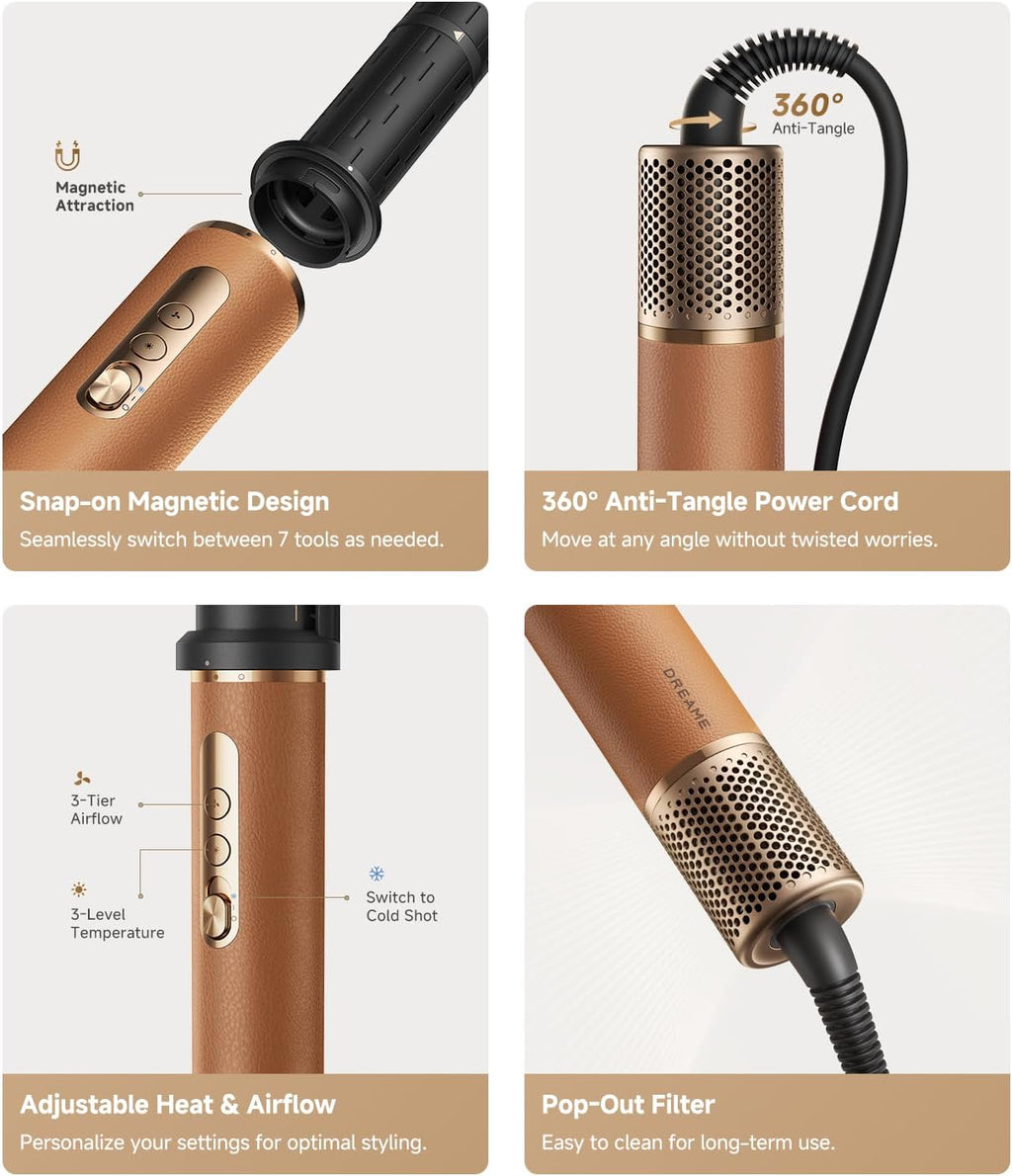 DREAME AirStyle Pro 7-in-1 Hair Styler & High Speed Dryer | Snap-on Attachments for Curling, Smoothing, Volumizing | Fast Drying, Frizz Control, Cool Shot | Luxury Leather Package, 120V Voltage