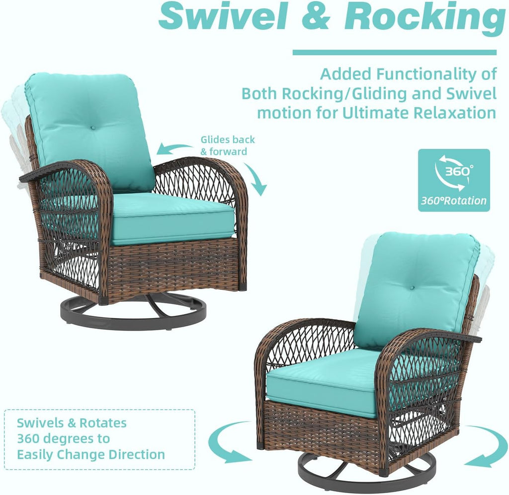 EROMMY 3 Pieces Patio Furniture Set, Outdoor Swivel Rocker Patio Chairs, Wicker Patio Bistro Set with Rocking Chair, Thickened Cushions and Glass Coffee Table for Backyard, Garden, Blue