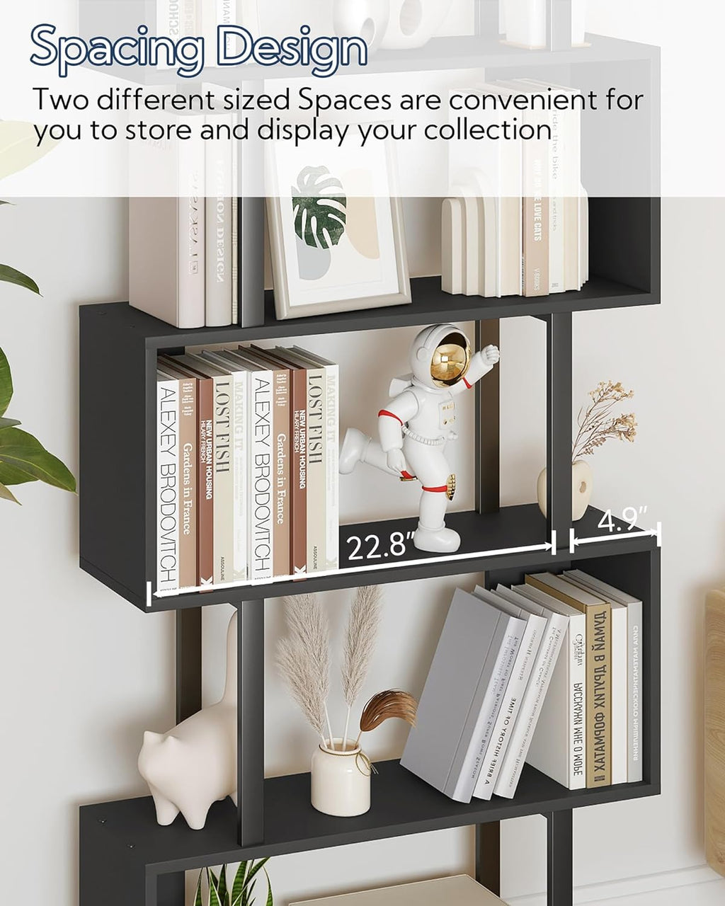 Yusong S Shaped Bookshelf, Modern Geometric Bookcase, 6-Tier Black Display Case Book Shelf