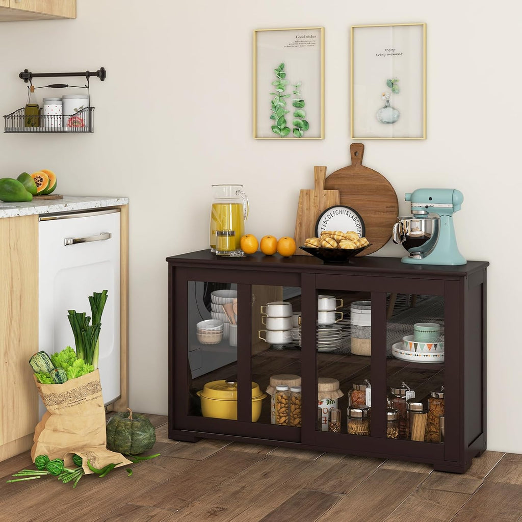 COSTWAY Buffet Sideboard with Storage, 2-Door Floor Cupboard with Sliding Tempered Glass Cabinet & Adjustable Shelf, Stackable Storage Cabinet for Kitchen, Entryway (Brown)