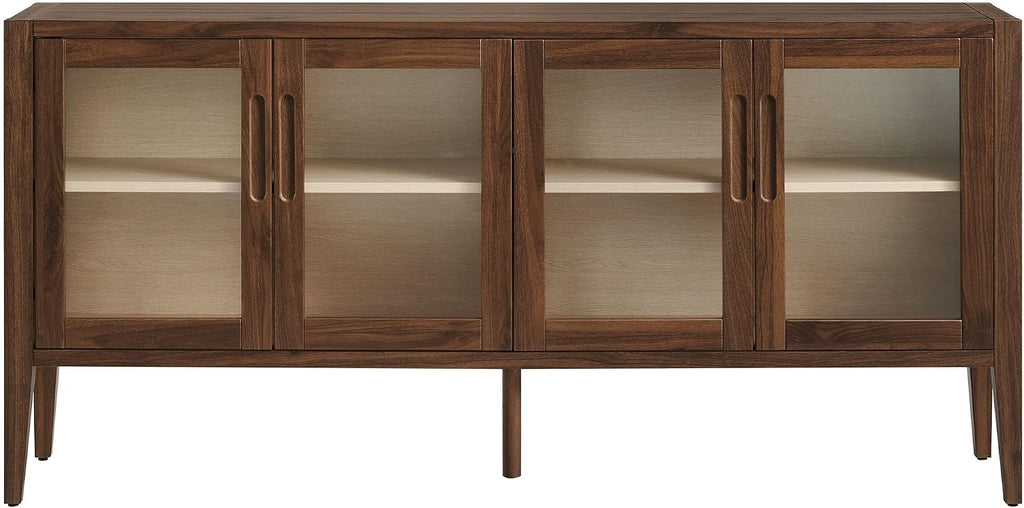 Modway Nell 72 Inch Sideboard Buffet Cabinet with Glass Doors in Walnut – Modern Storage Display Case with Adjustable Shelves for Dining Room, Kitchen, Living Room