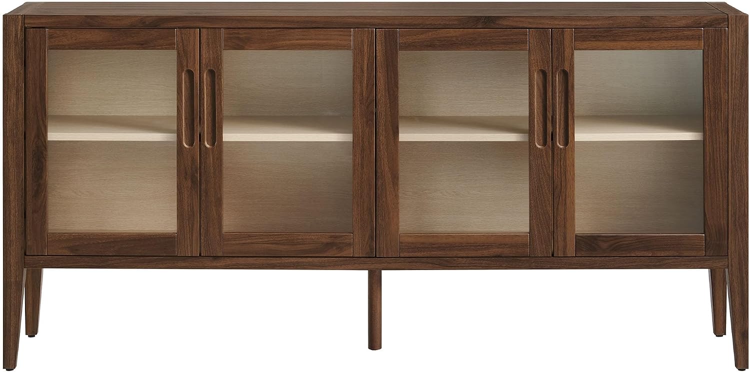 Modway Nell 72 Inch Sideboard Buffet Cabinet with Glass Doors in Walnut – Modern Storage Display Case with Adjustable Shelves for Dining Room, Kitchen, Living Room