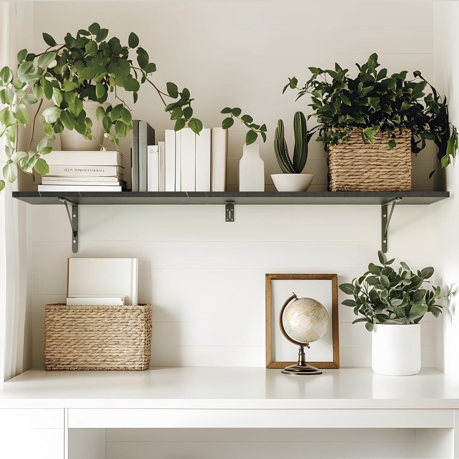 Kaboon 55 inch Long 10 inch Deep Floating Shelves for Wall Set of 2, Large Open Shelves Wall Mounted, Space Saving Home and Commercial Use, Cloud Atlas/Black Marble
