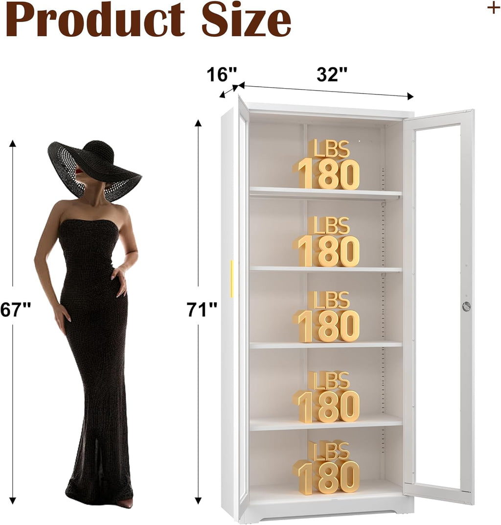 SteeLoong 71' Glass Display Cabinet with Lock,Curio Cabinet with Glass Doors, Metal Display Case with 4 Adjustable Shelves, White Bookcase Locking Storage Cabinets for,Liquor,Plant,Commercial