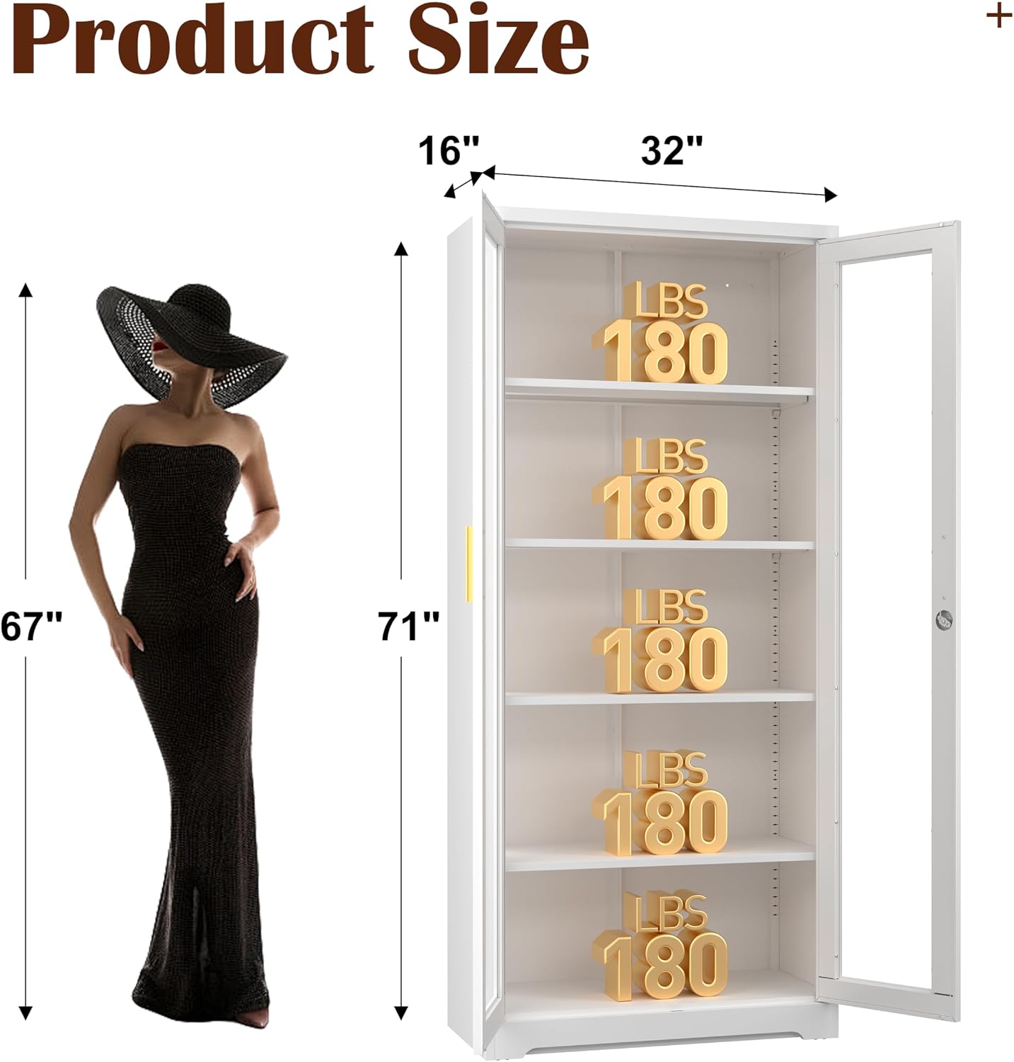 SteeLoong 71' Glass Display Cabinet with Lock,Curio Cabinet with Glass Doors, Metal Display Case with 4 Adjustable Shelves, White Bookcase Locking Storage Cabinets for,Liquor,Plant,Commercial