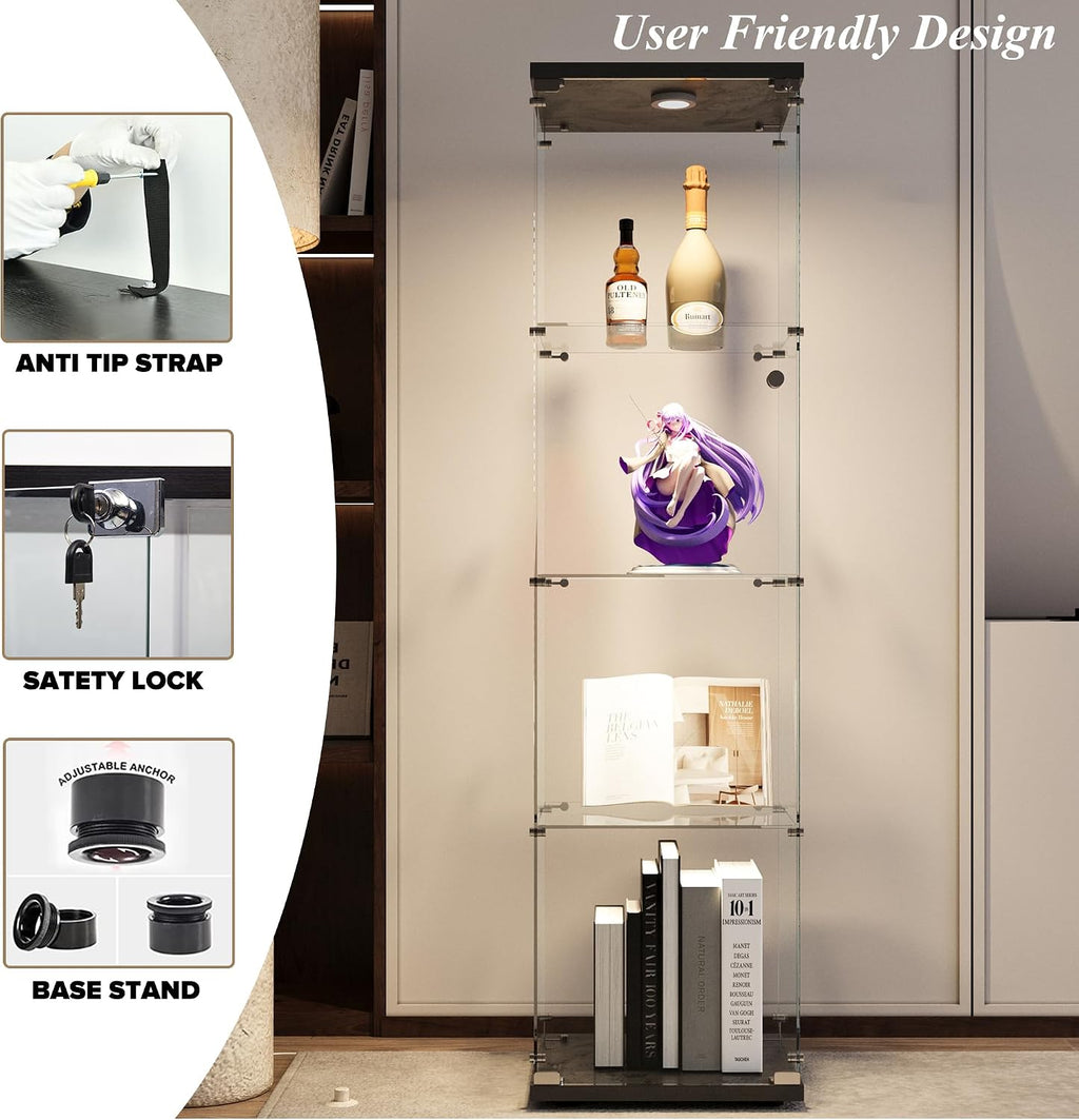 Glass Display Cabinet 4-Shelf with LED Lights and Lock,Curio Cabinets Upgraded Quick-Install Storage Cabinet,Glass Floor Standing Bookshelf for Bedroom,Living Room(Black)