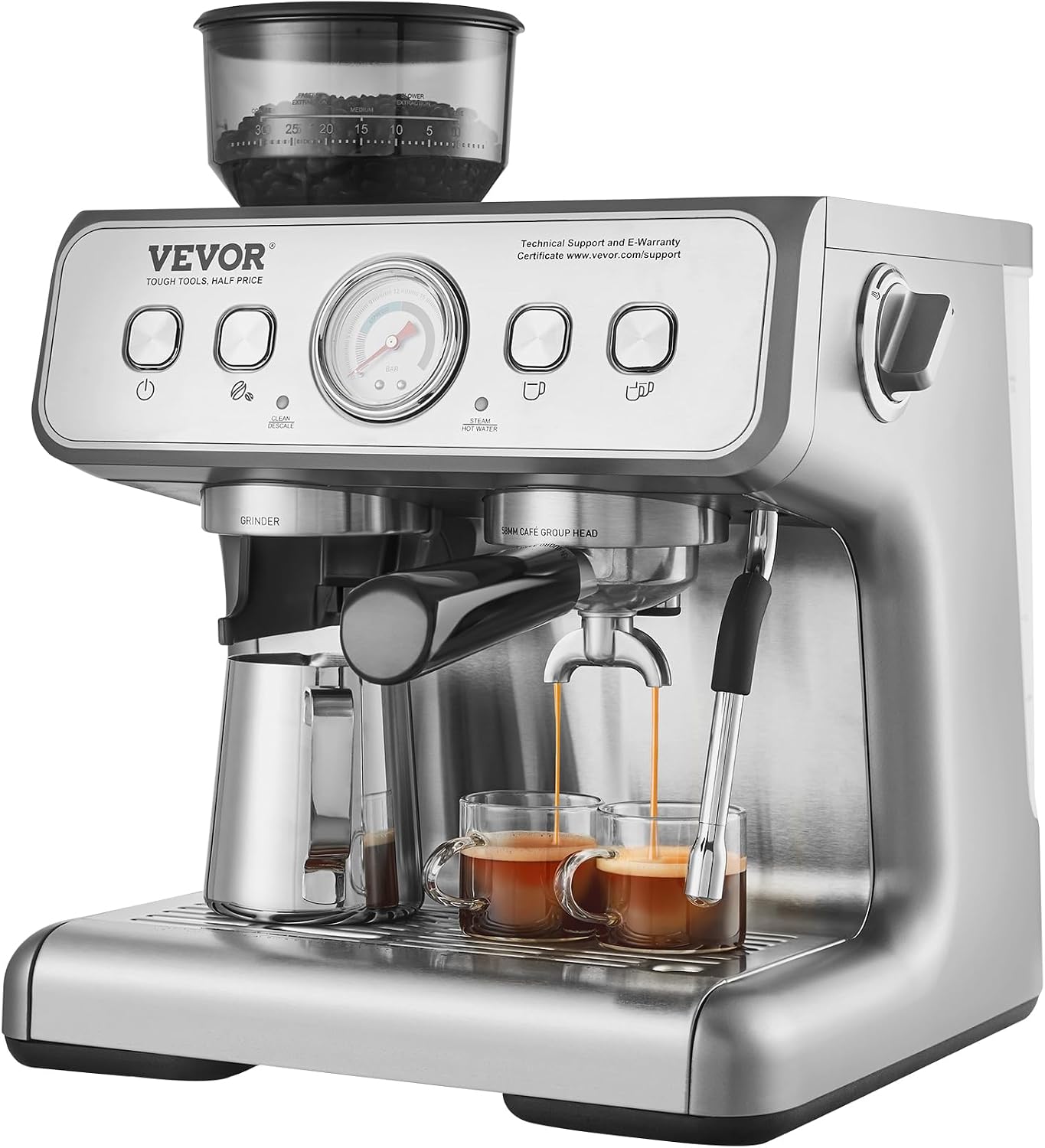 VEVOR Espresso Machine Built-in Grinder, 15 Bar Semi-Automatic Espresso Coffee Maker with Milk Frother Steam Wand, PID Control System for Cappuccino, Latte, Machiato