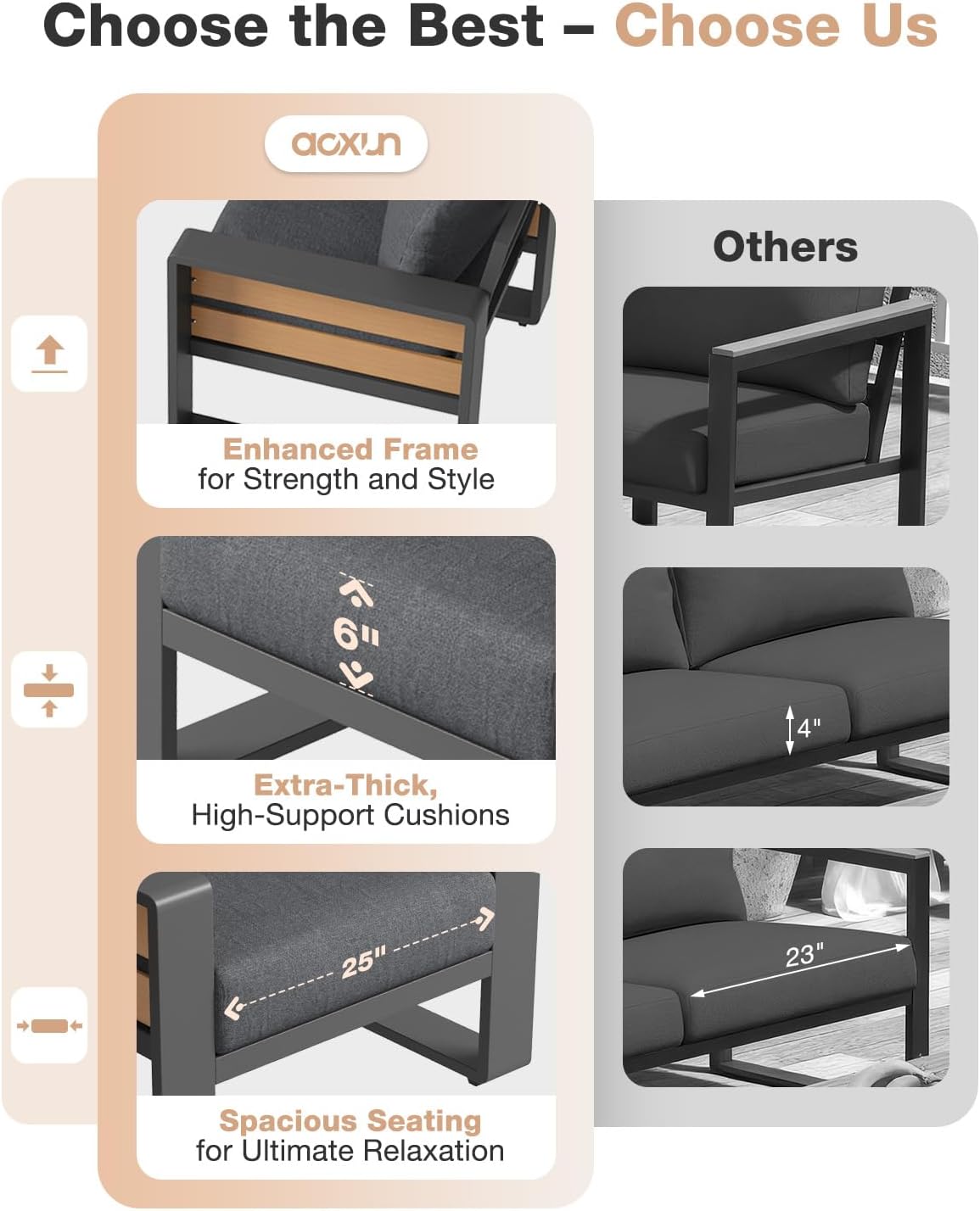 Aoxun Aluminum Patio Furniture Set with Fire Pit Table, 4 Piece Luxury Outdoor Sectional with 6' Olefin Fabric Cushions, Patio Conversation Sets with Waterproof Cover for Backyard, Porch Dark Grey