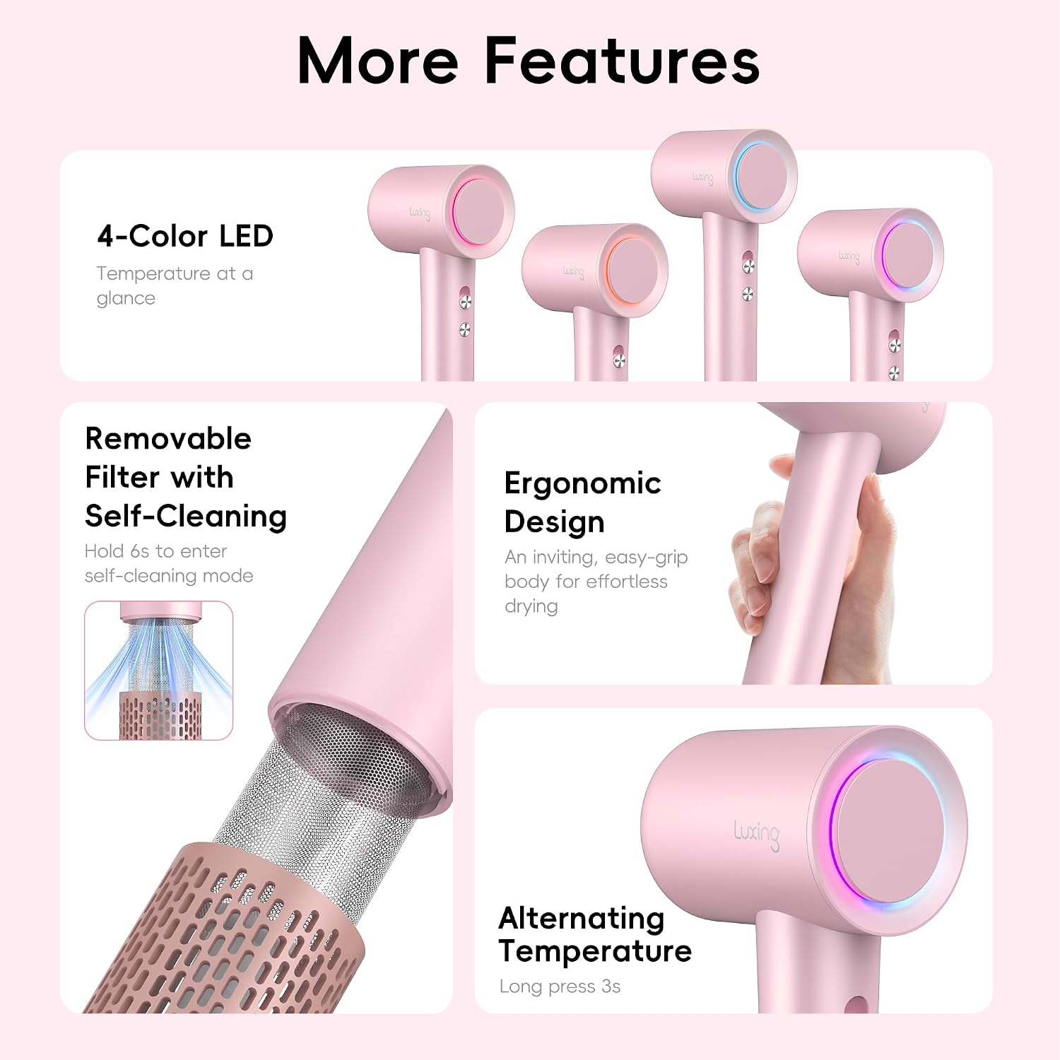 Hair Dryer, TurboLux Ionic 200 Million Negative Ions 1500W Fast Drying High Speed Hairdryer with Diffuser, Lightweight, Low Noise Hair Dryers for Women with 110000 RPM Brushless Motor (Pink)