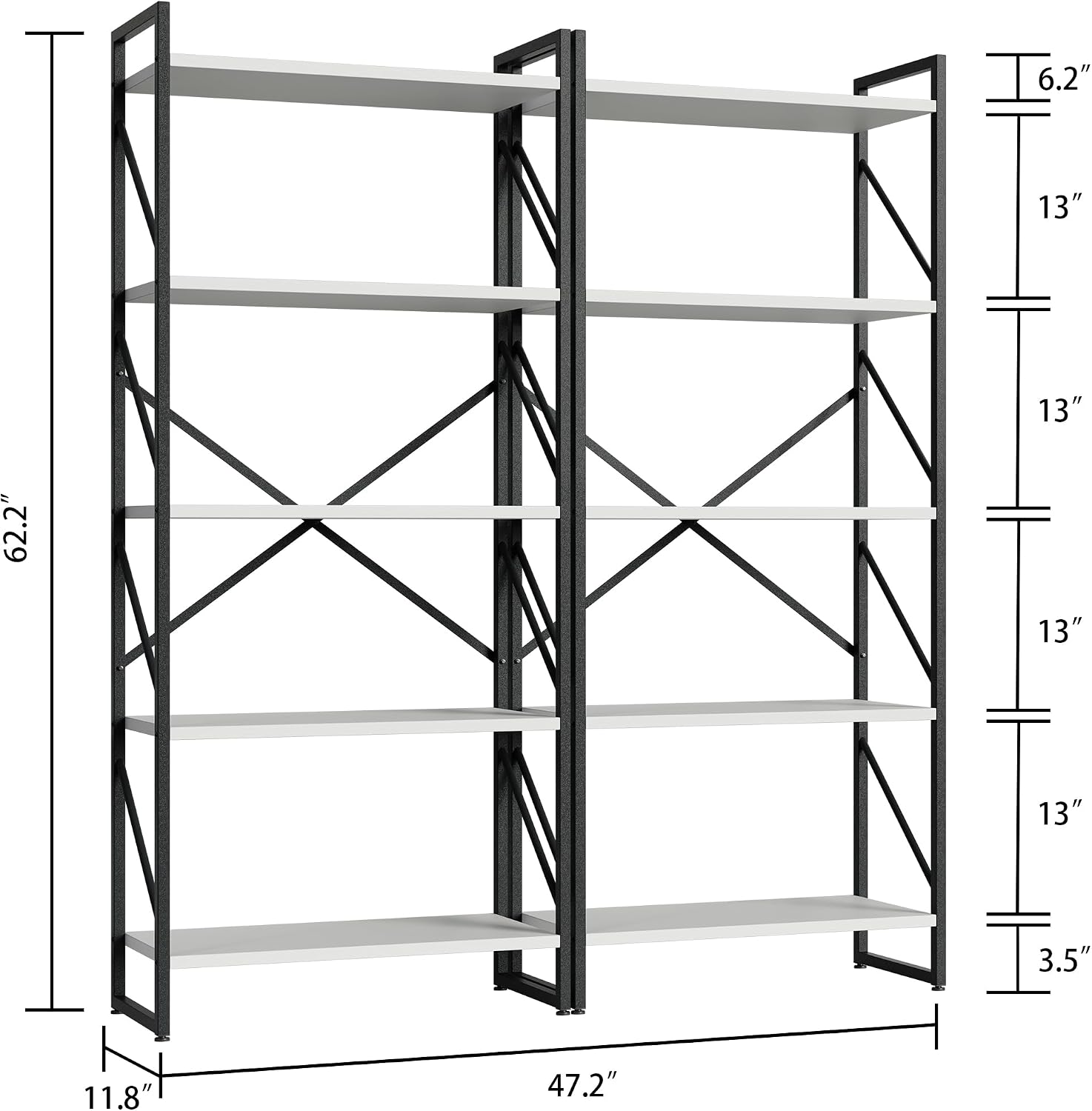 Shintenchi 2-Tier Bookshelf: Tall Industrial Bookcase for Living Room/Home/Office, Modern Book Holder with Storage Rack Shelves - White