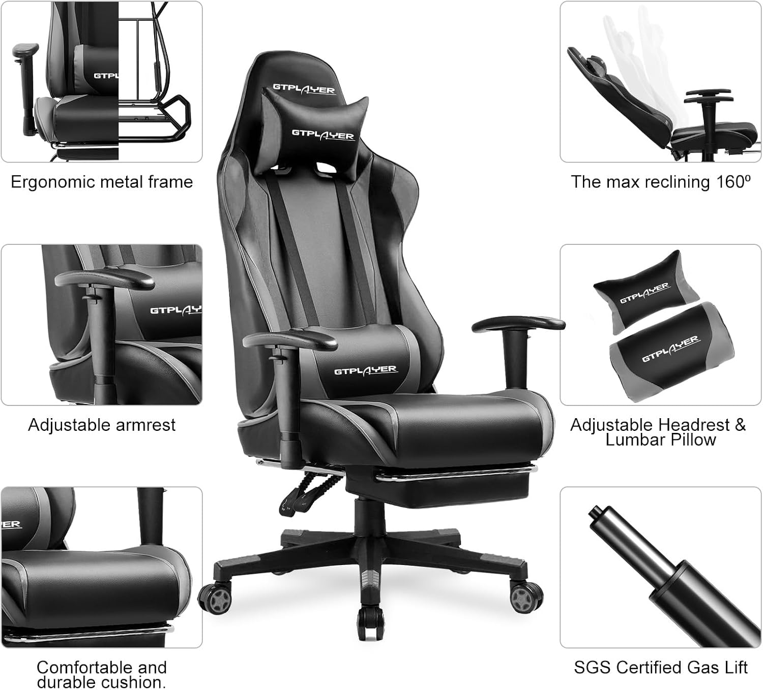 GTPLAYER Gaming Chair with Footrest, Ergonomic Computer Game Desk Chair, Reclining Gamer Chair Seat Height Adjustment, Swivel Rocker with Headrest and Lumbar (Gray)
