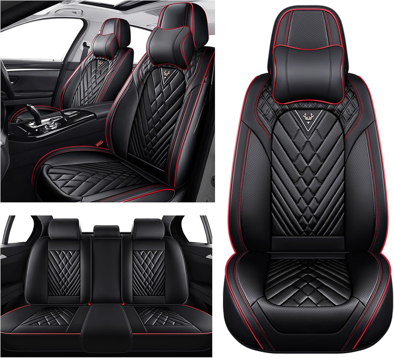 Car Seat Covers for Dodge Dart 2013-2016, Waterproof Nappa Leather Full Set Seat Cover with Headrests, Anti-Slip and Comfortable Automotive Seat Protector&Accessories(Black Red)