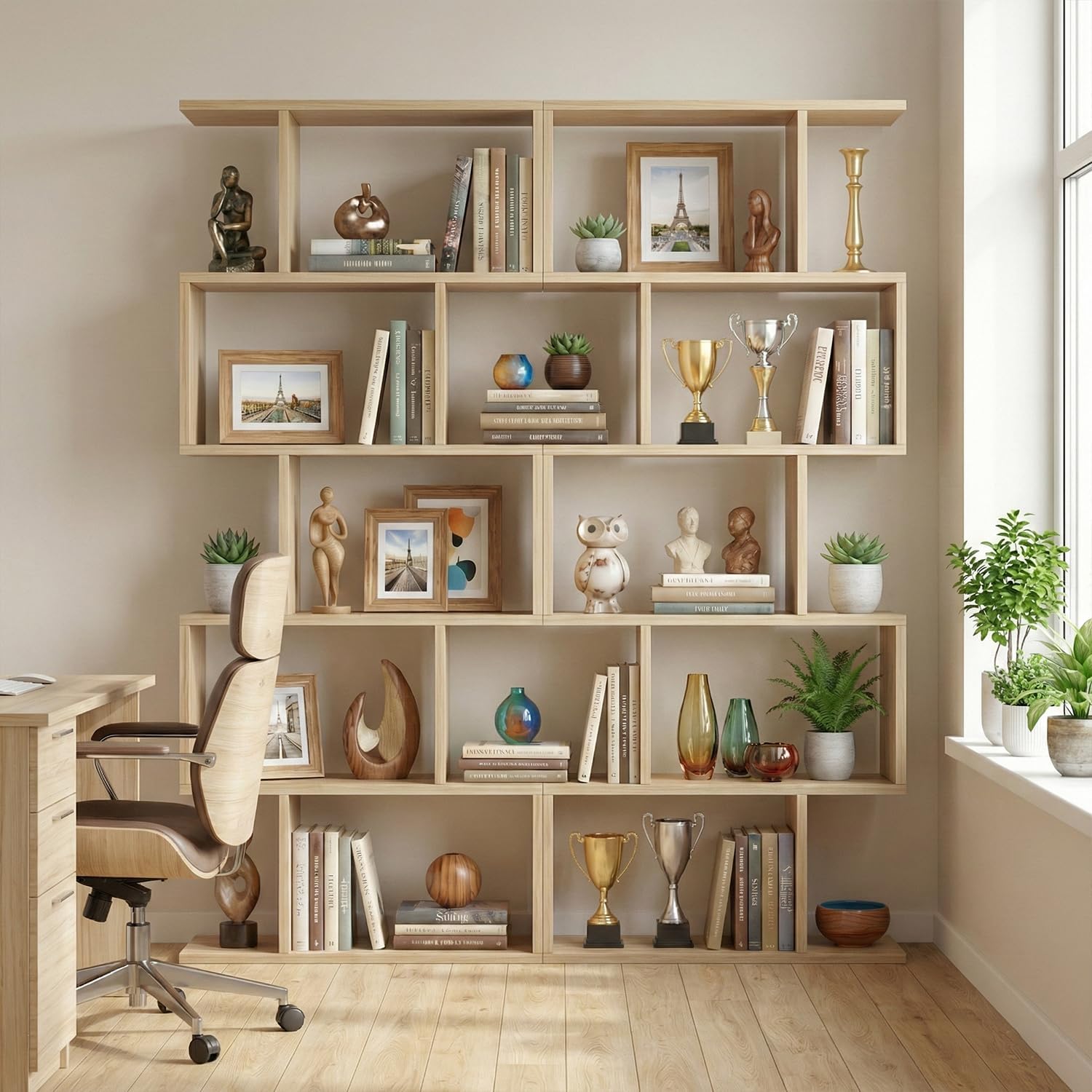 DIYART 5-Tier Geometric Bookcase (Set of 2), 62.6' Tall S-Shaped Bookshelf & Room Divider, Modern Oak Freestanding Display Shelving Unit for Living Room, Hallway, Home Office