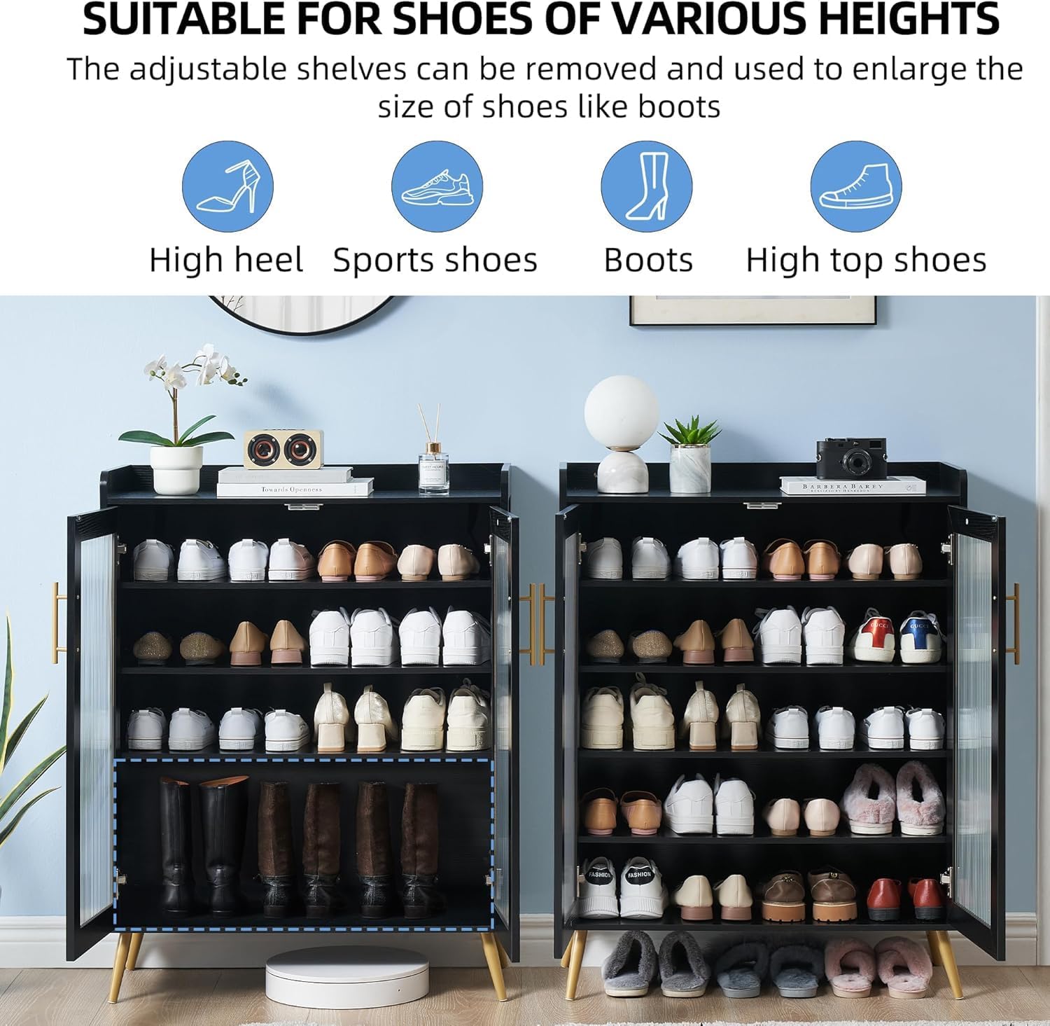 GarveeLife 5-Tier Shoe Cabinet with Glass Front Doors, Durable Storage Organizer Featuring Reinforced Support Legs, Modern Shoe Rack for Entryway or Front Door, Black Finish