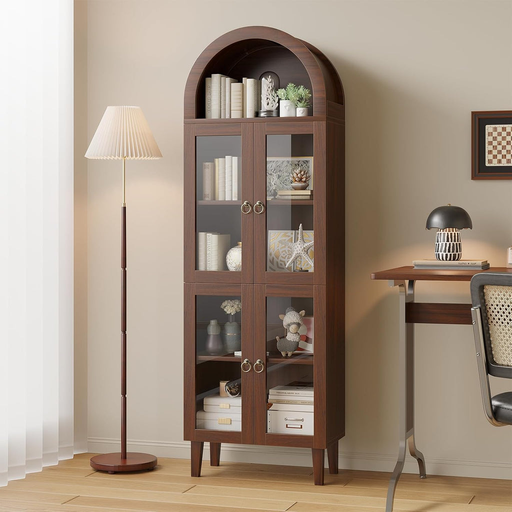 71' Tall Arched Cabinet with Acrylic Door, Modern Curio Arched Bookcase, Display Cabinet Organizer, Kitchen Pantry with Top-Opening Storage Container for Living Dining Room, Brown
