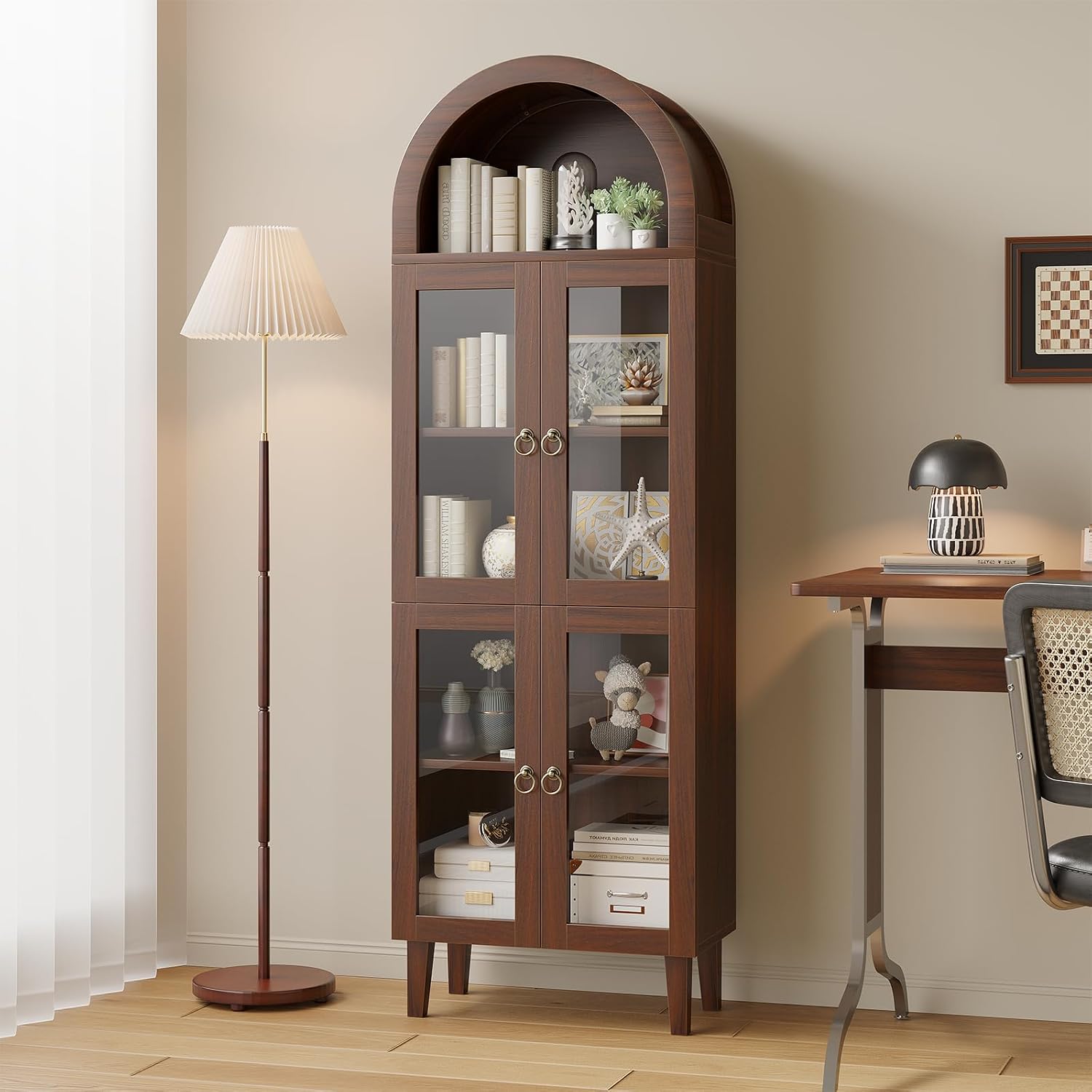 71' Tall Arched Cabinet with Acrylic Door, Modern Curio Arched Bookcase, Display Cabinet Organizer, Kitchen Pantry with Top-Opening Storage Container for Living Dining Room, Brown