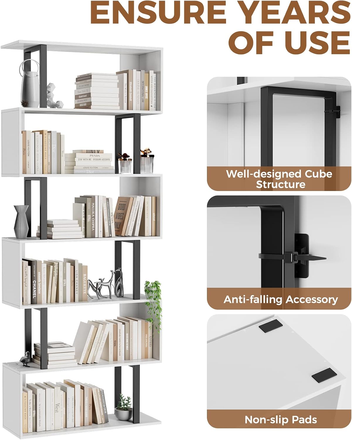 Gadroad 6 Tier Geometric Bookcase,S Shaped Bookshelf, Wood Decorative Storage Shelving, Modern Freestanding Display Shelves, Tall Book Shelf Unit for Living Room Bedroom, White