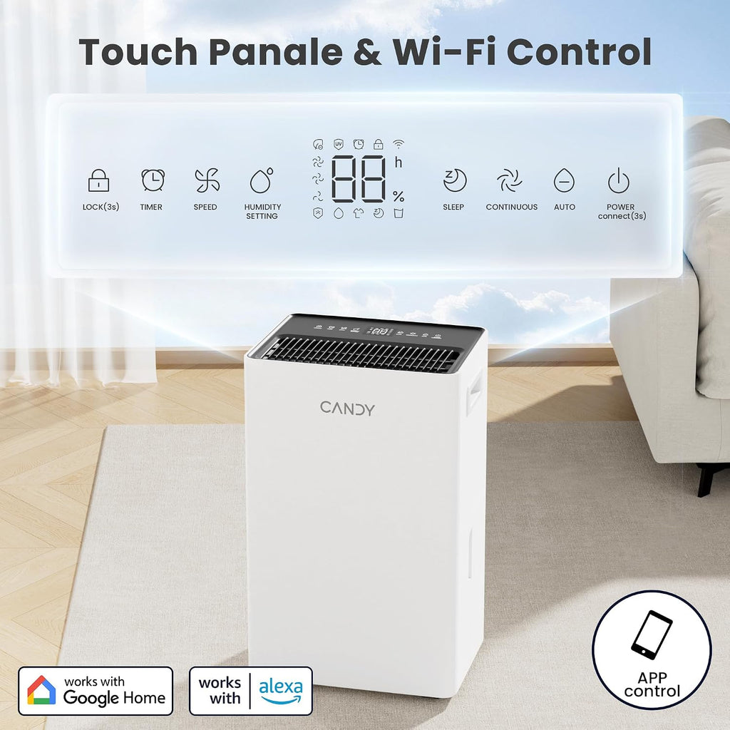Candy 4500 Sq.Ft Dehumidifier for Basement,80 Pints Dehumidifiers for Home,Continuous/Sleep/Auto Mode,1.35 Gal Water Tank with Drain Hose,Portable & Wifi for Large Room,Bedroom,Bathroom,Garage,Laundry