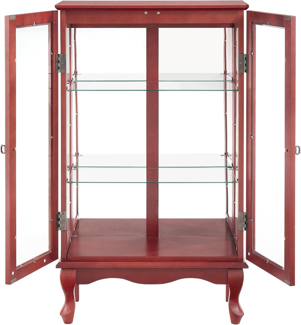43' H Lighted Curio Cabinet Display Case with Light Bulb, Glass Curio Cabinet with Adjustable Shelves & Tempered Glass Door, Wooden Cabinets w/Mirrored Back Pane for Living Room(Cherry)