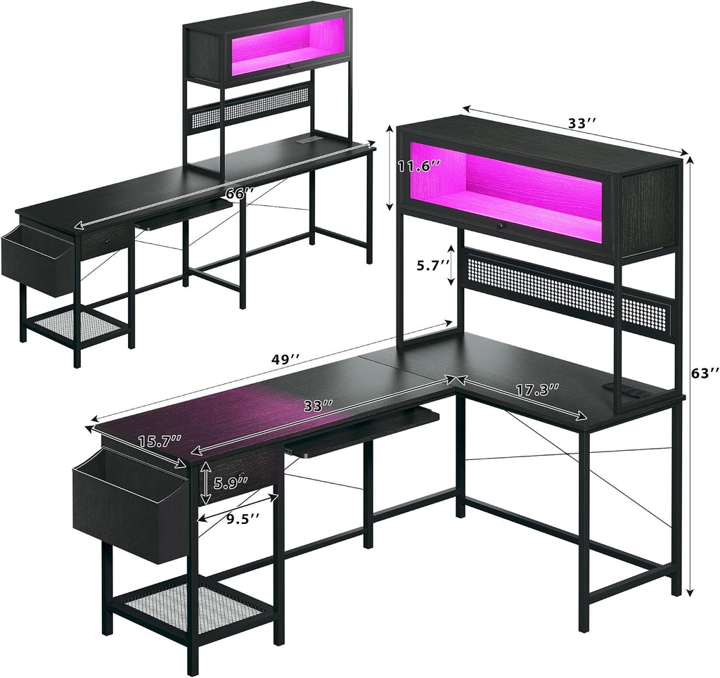 L Shaped Gaming Desk with Power Outlets & LED Lights, 49'' Reversible Computer Desk with Hutch & Pegboard & Display Cabinet, Corner Home Office Desk with Drawer & Keyboard Tray & Storage Bag, Black
